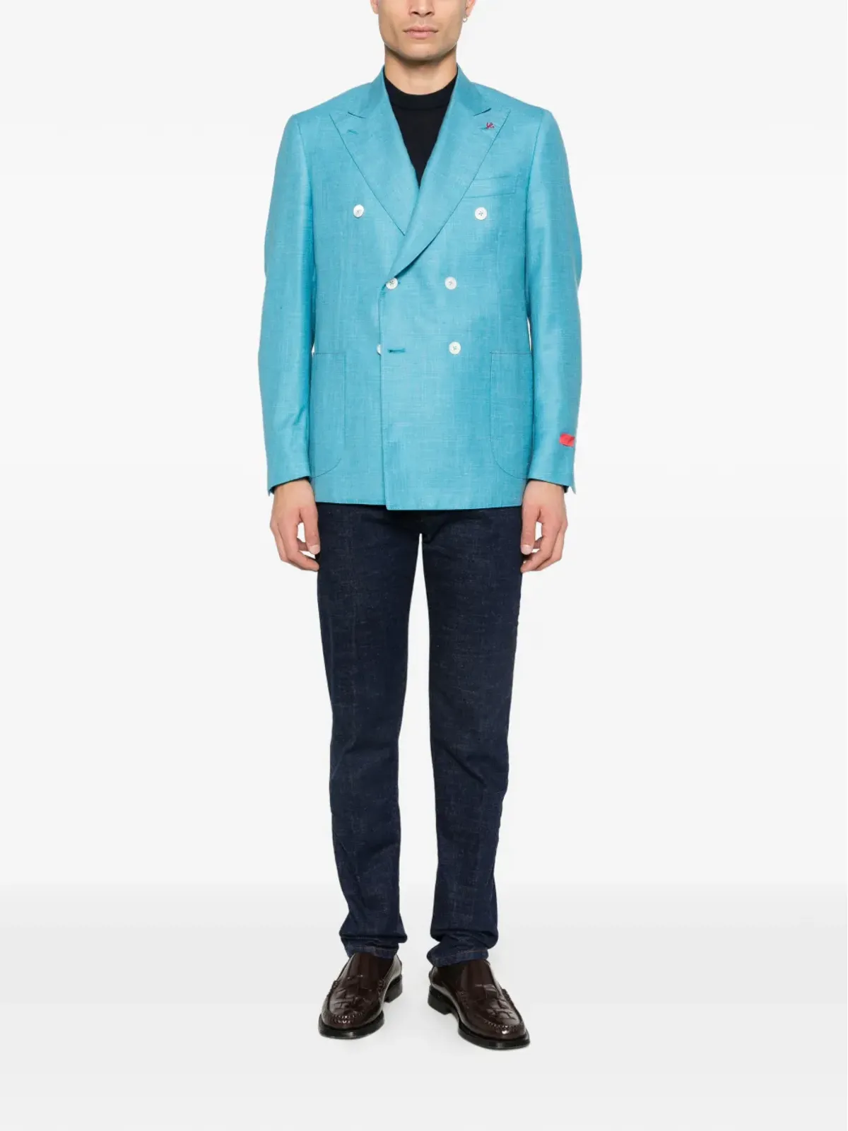 Isaia ブルーのダブルブレストブレザー - 画像2