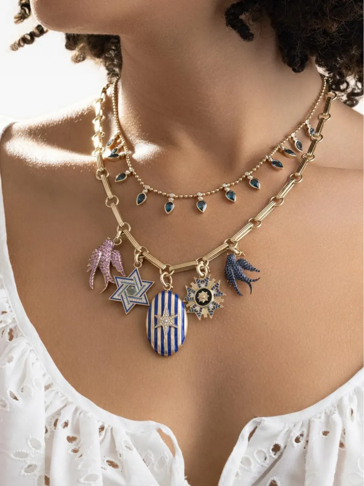 Storrow Jewelry ダイヤモンド パール ブルーエナメル ストライプ リリアン ロケット ネックレス - 画像4