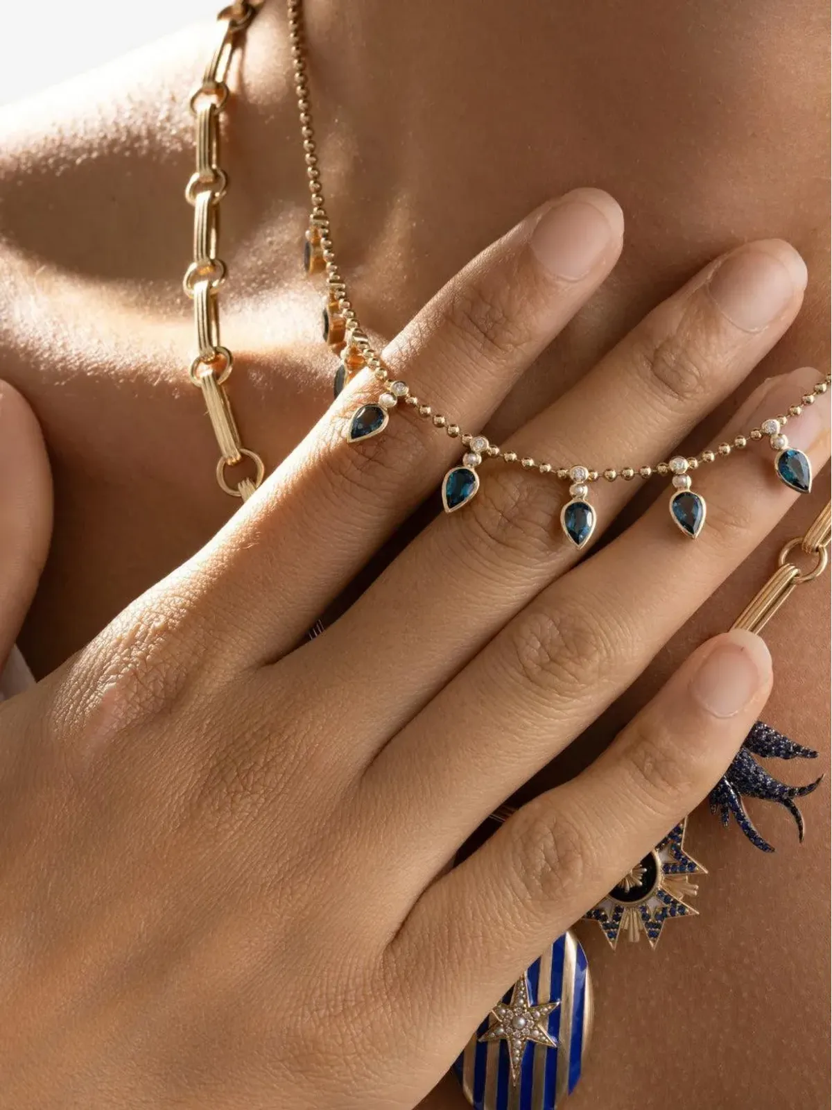 Storrow Jewelry パール・ダイヤモンド・ロンドンブルー トパーズ・ビーズ カラー ネックレス - Gold - 画像3