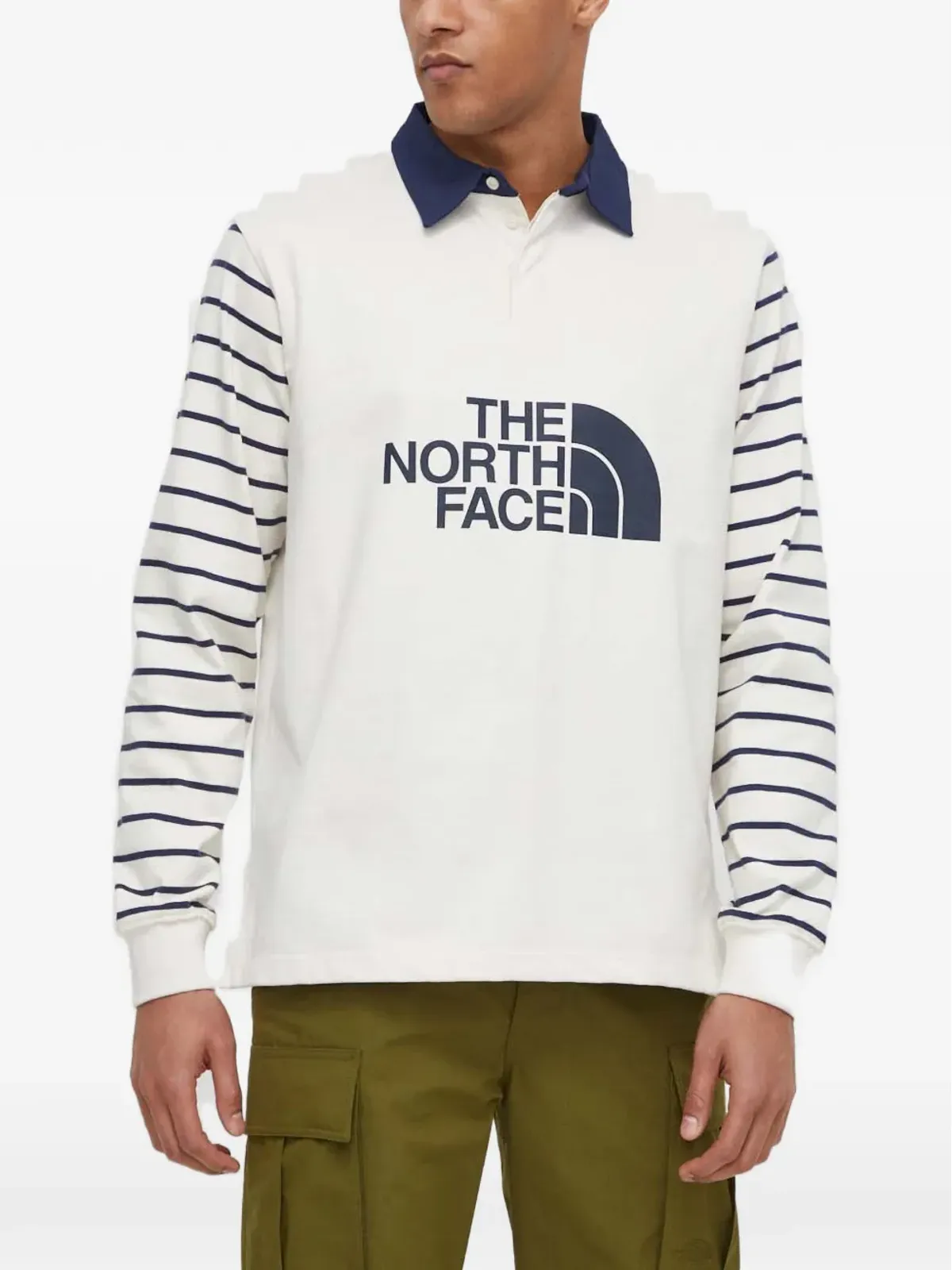 The North Face オフホワイト ストライプ袖 ロゴプリント ポロシャツ - 画像1
