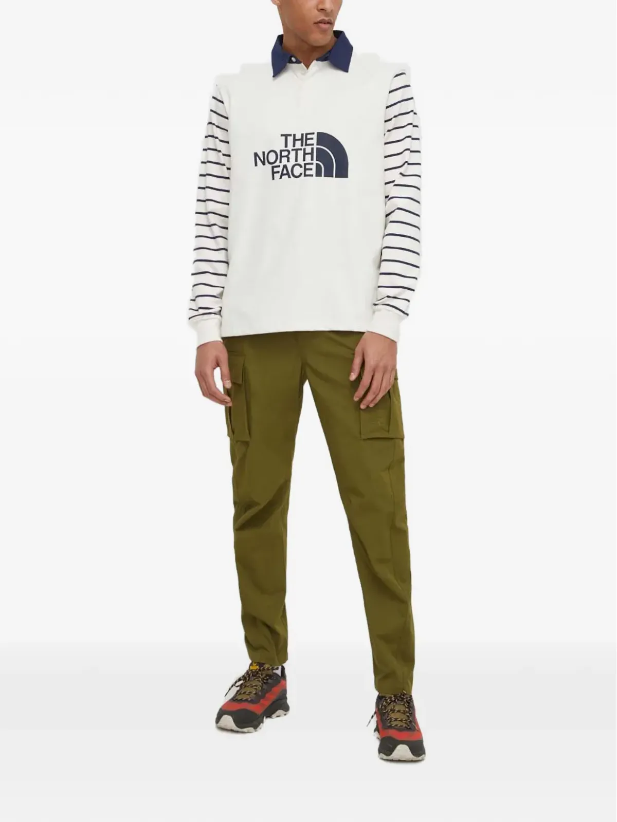 The North Face オフホワイト ストライプ袖 ロゴプリント ポロシャツ - 画像2