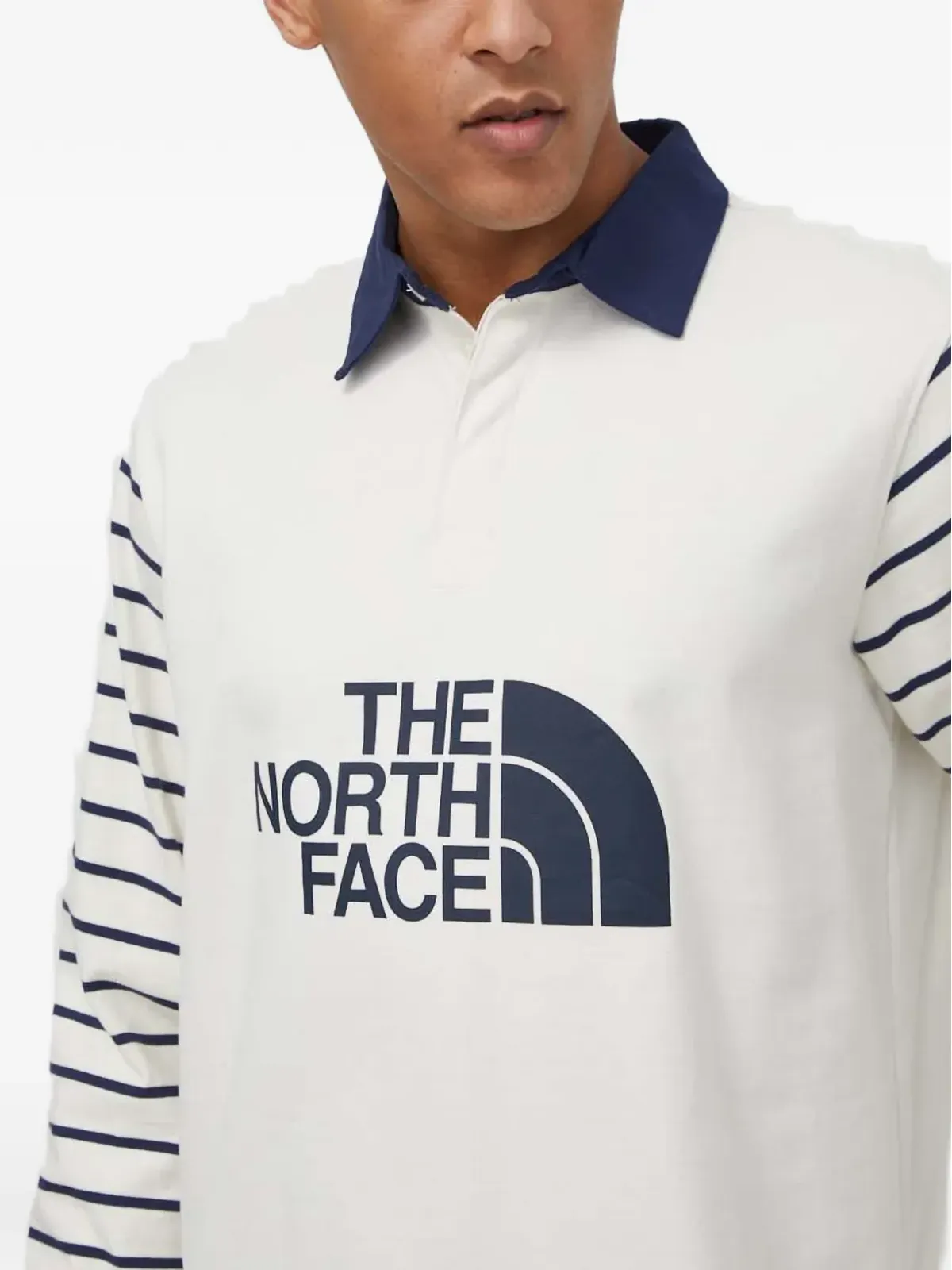 The North Face オフホワイト ストライプ袖 ロゴプリント ポロシャツ - 画像4