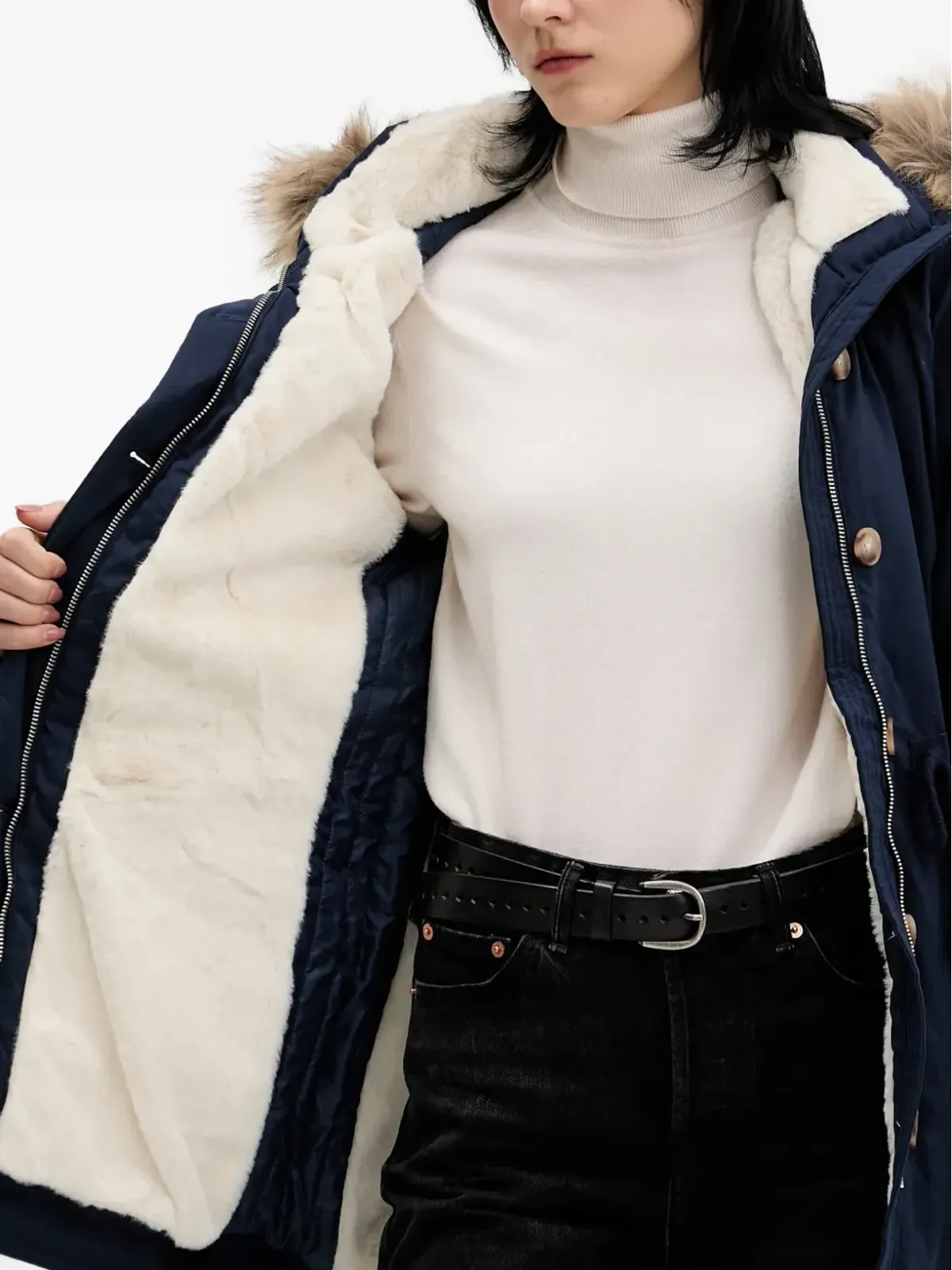 Hollister フェイクファー フード付きコート ブルー - 画像5
