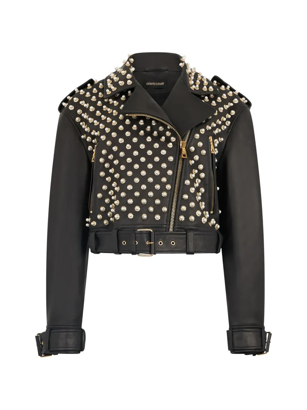 Roberto Cavalli スタッズ付きベルトレザージャケット - 画像1
