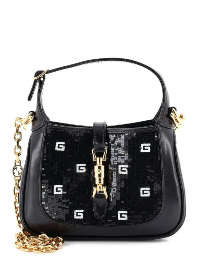 Gucci Pre-Owned Gucci Pre-Owned ジャッキー1961 チェーン ホーボー スパンコール装飾 サテン×レザー ミニ クロスボディバッグ - ブラックの商品画像