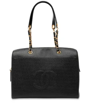 CHANEL ビンテージ 1997-1999 CC カビアレザー フロントポケット チェーン トートバッグ - ブラック - サムネイル1