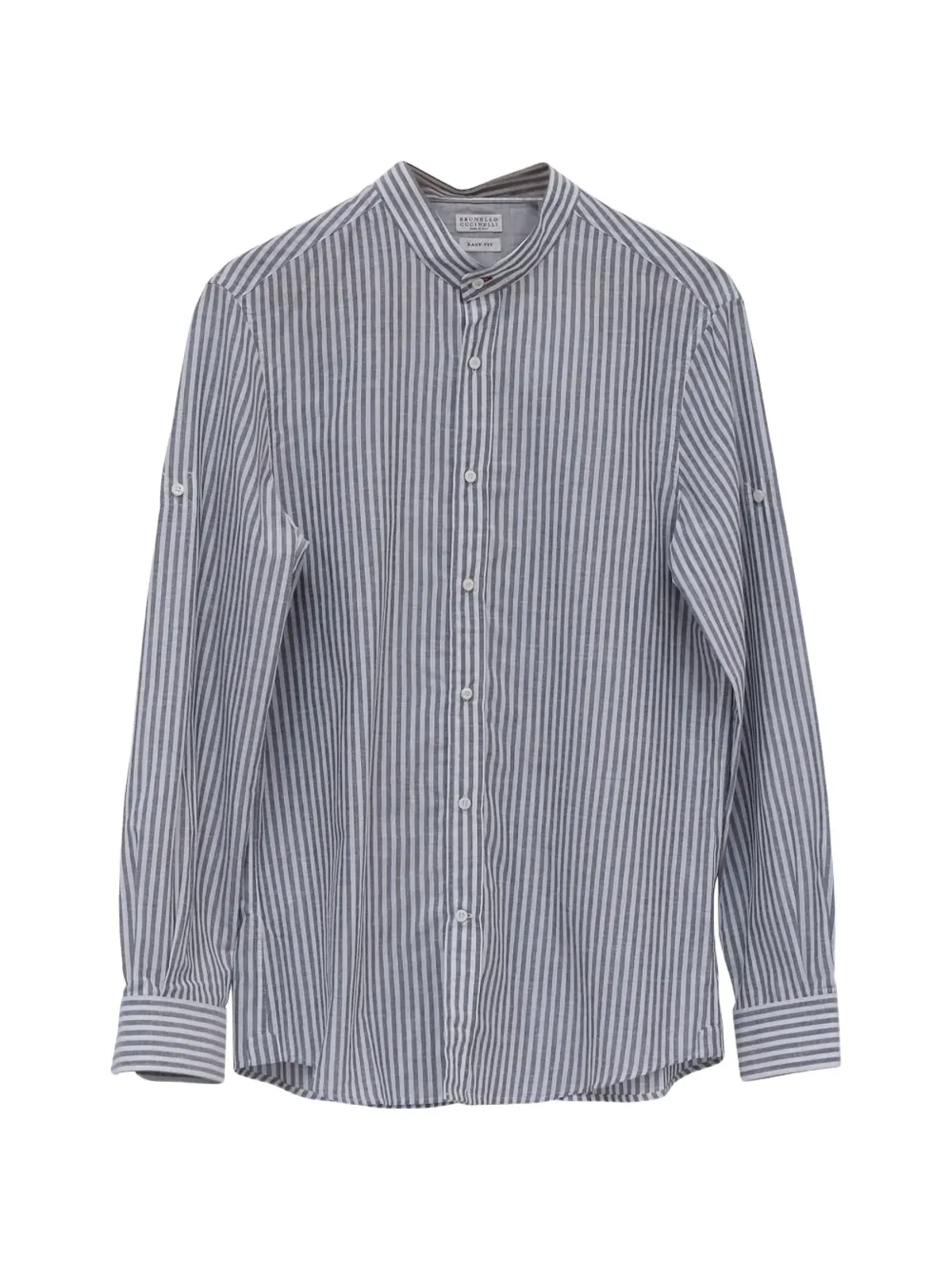 Brunello Cucinelli Vintage グレーのストライプ柄リネン ボタンダウンシャツ - 画像1