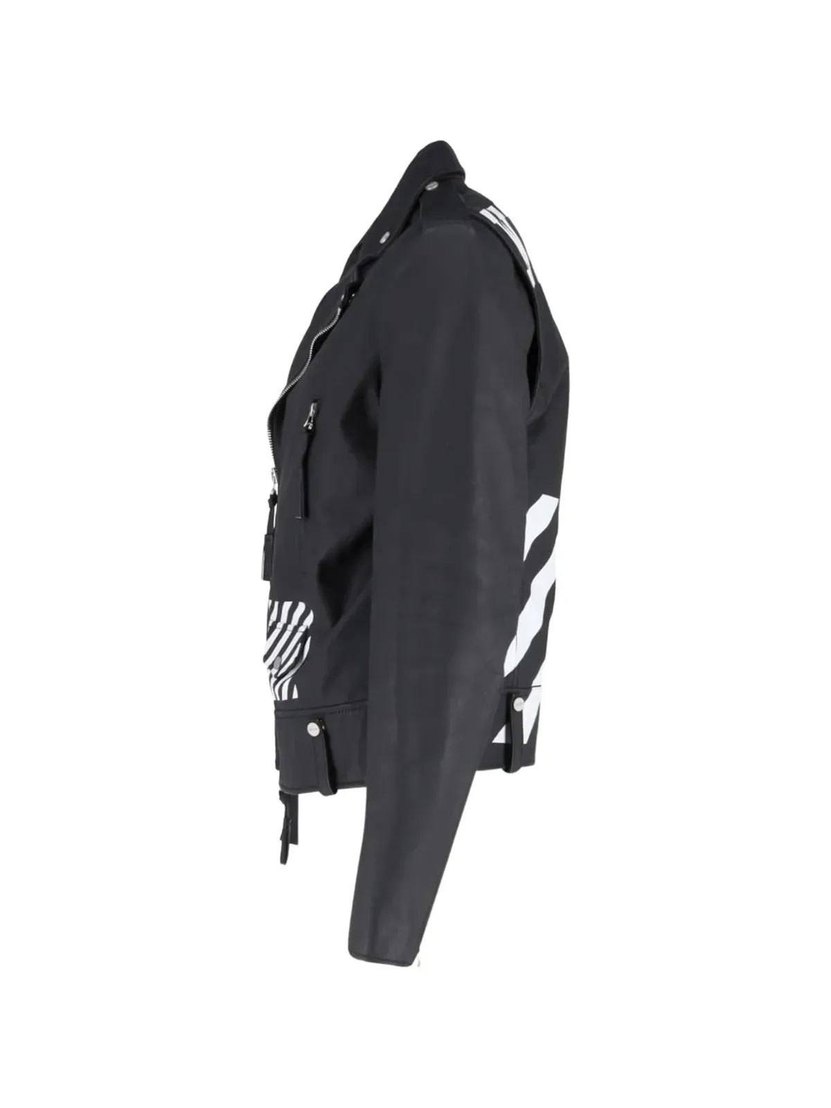Off-White Pre-Owned 対角ストライプ レザー バイカージャケット（ブラック） - 画像3