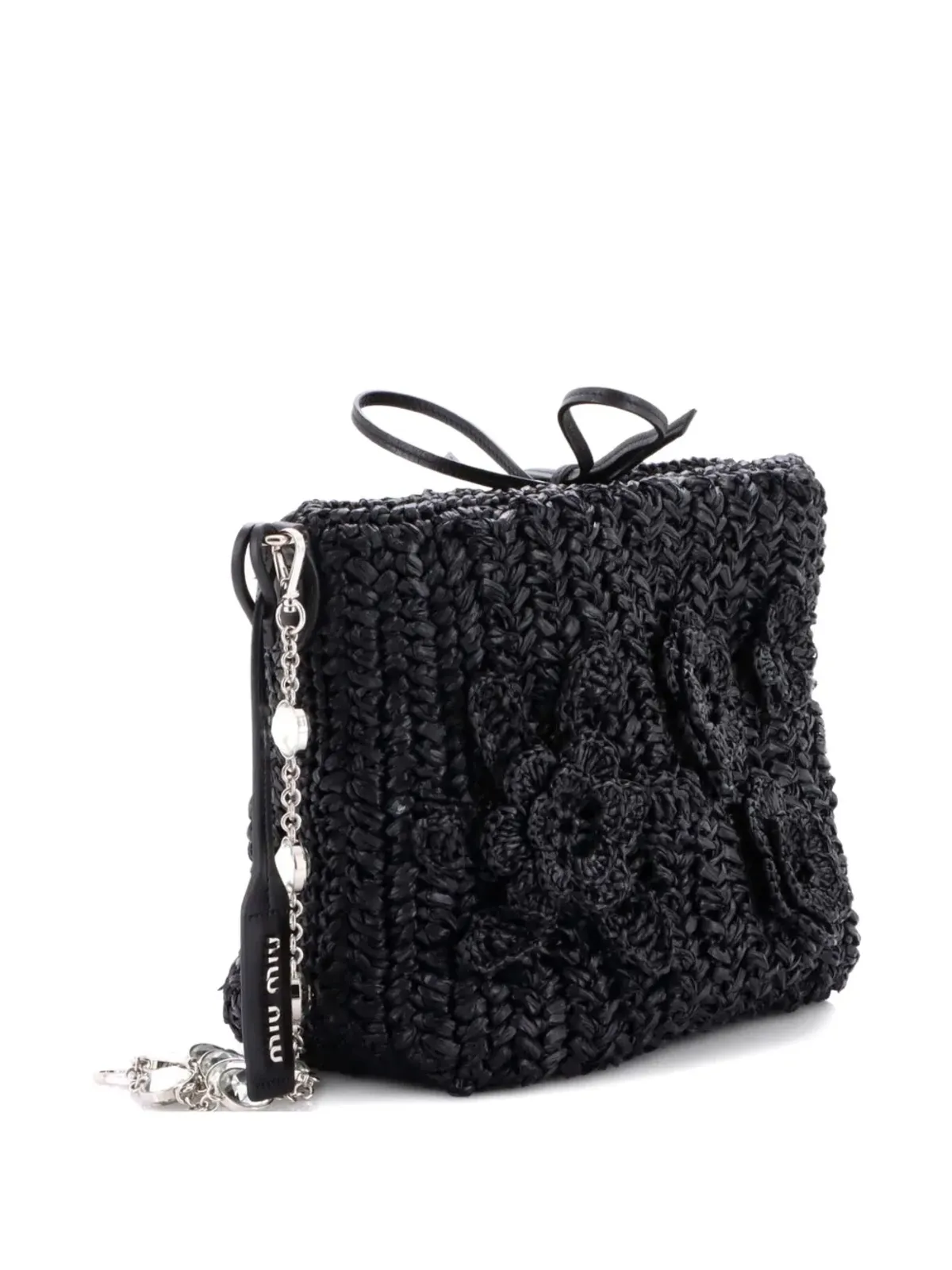 Miu Miu Pre-Owned Flower Crystal Chain Woven Raffia shoulder bag - Black - 画像3