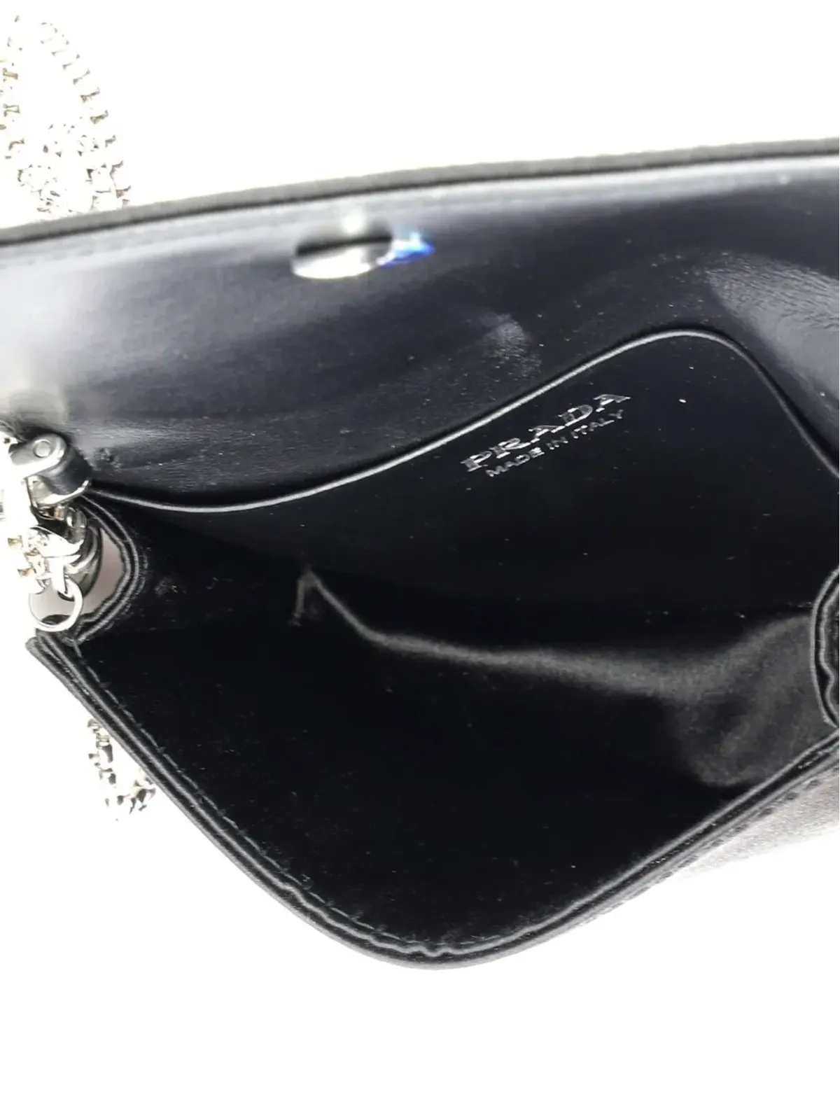 Prada ビンテージ フラップカードホルダー チェーン付き サテン×クリスタル クロスボディバッグ ブラック - 画像5