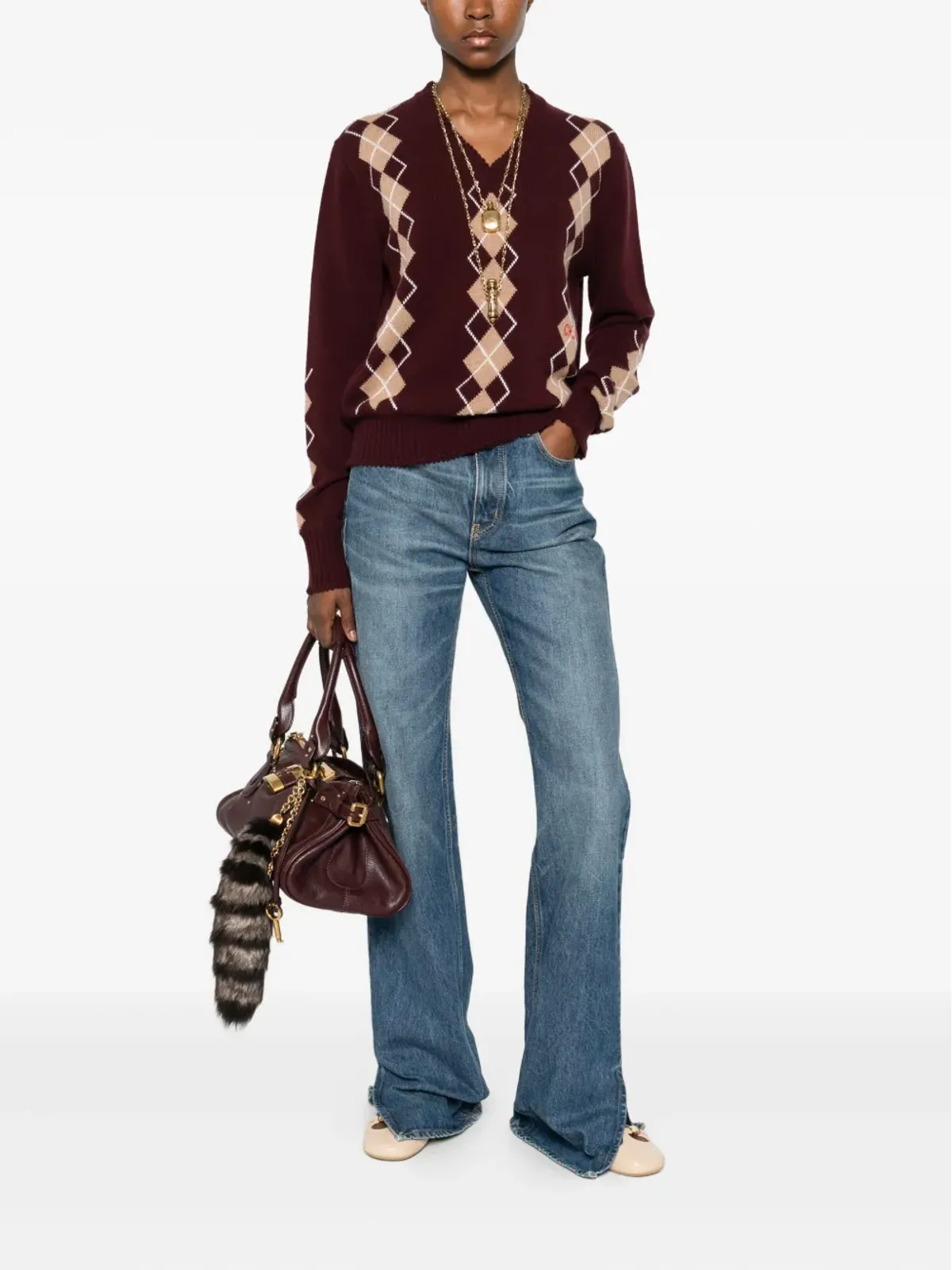 Chloé Vネック アーガイル編みニットジャンパー - レッド - 画像2