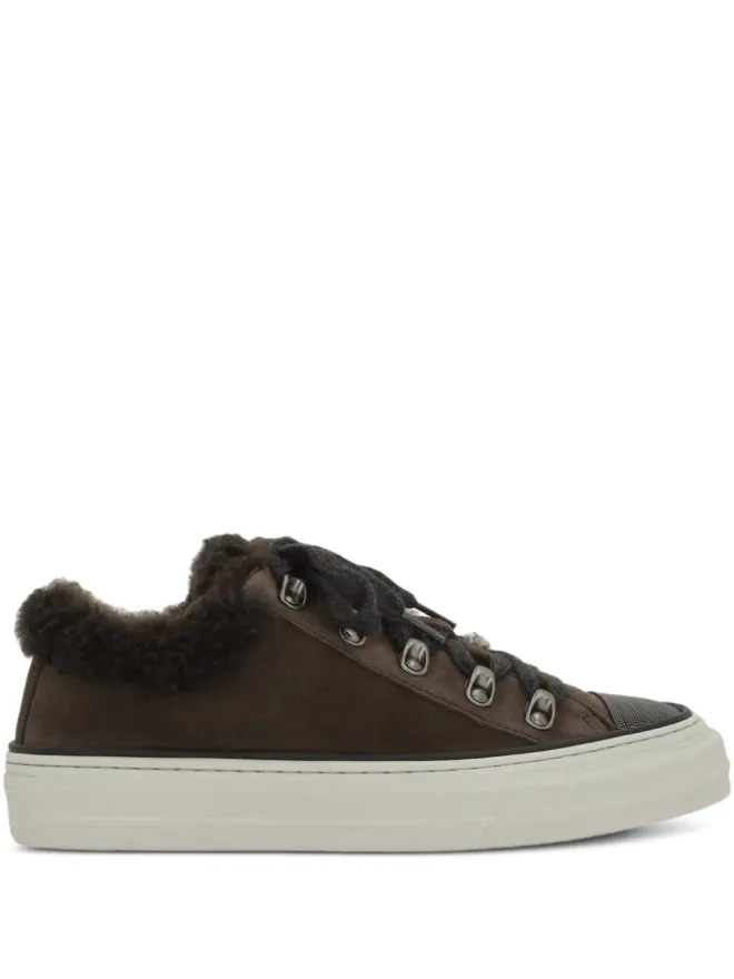 Brunello Cucinelli Brunello Cucinelli シアーリングトリム レースアップスニーカー ブラウンの商品画像
