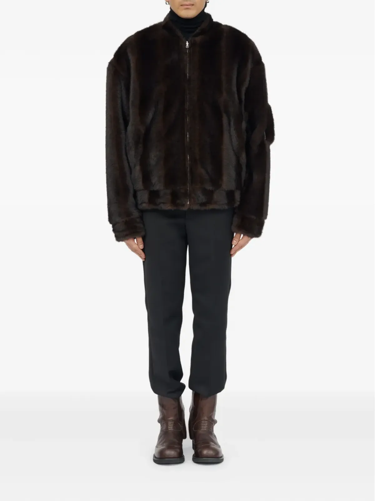 MM6 Maison Margiela フェイクファー付きジップフロントボンバー ジャケット（ブラウン） - 画像2