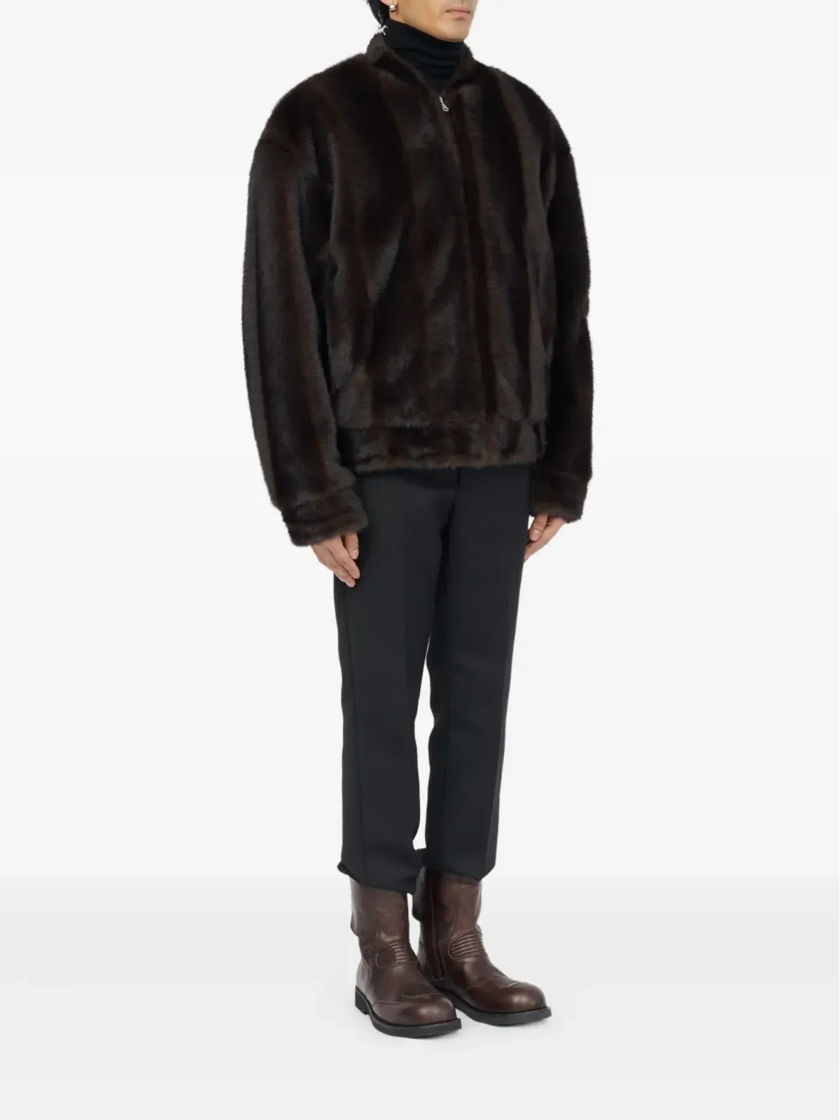 MM6 Maison Margiela フェイクファー付きジップフロントボンバー ジャケット（ブラウン） - 画像3