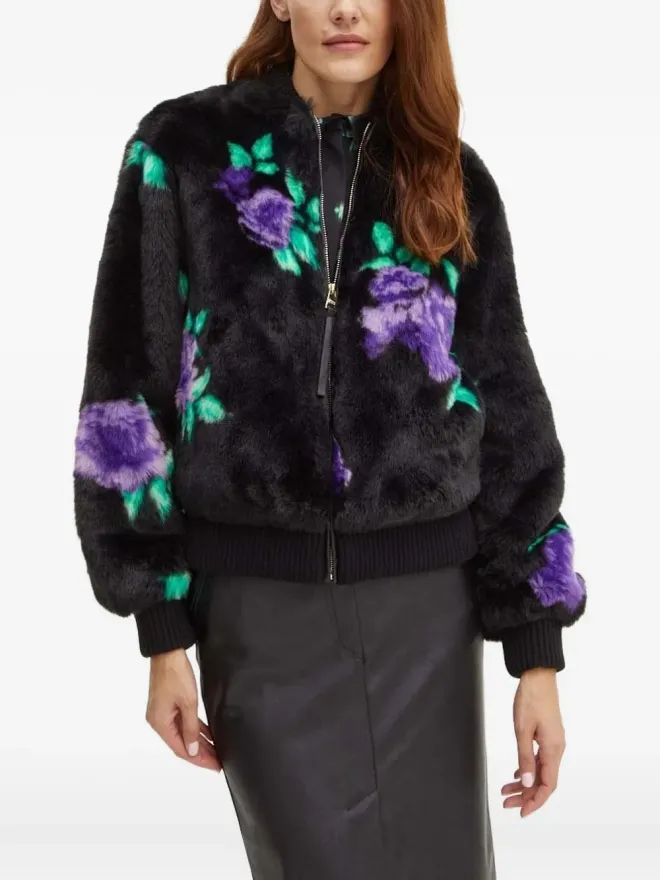 Silvian Heach Silvian Heach floral-print bomber faux-fur jacket - Blackの商品画像