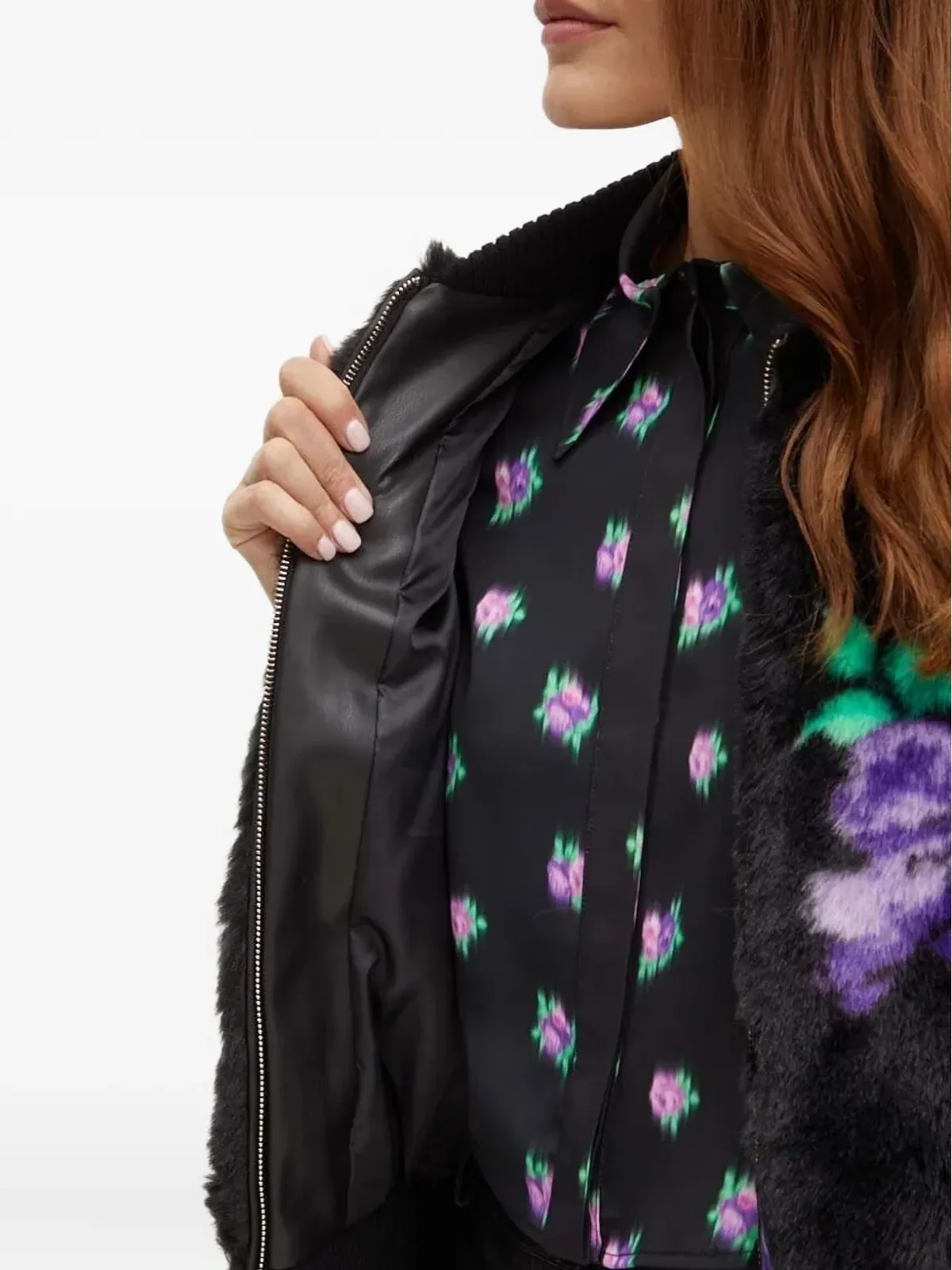 Silvian Heach floral-print bomber faux-fur jacket - Black - 画像4