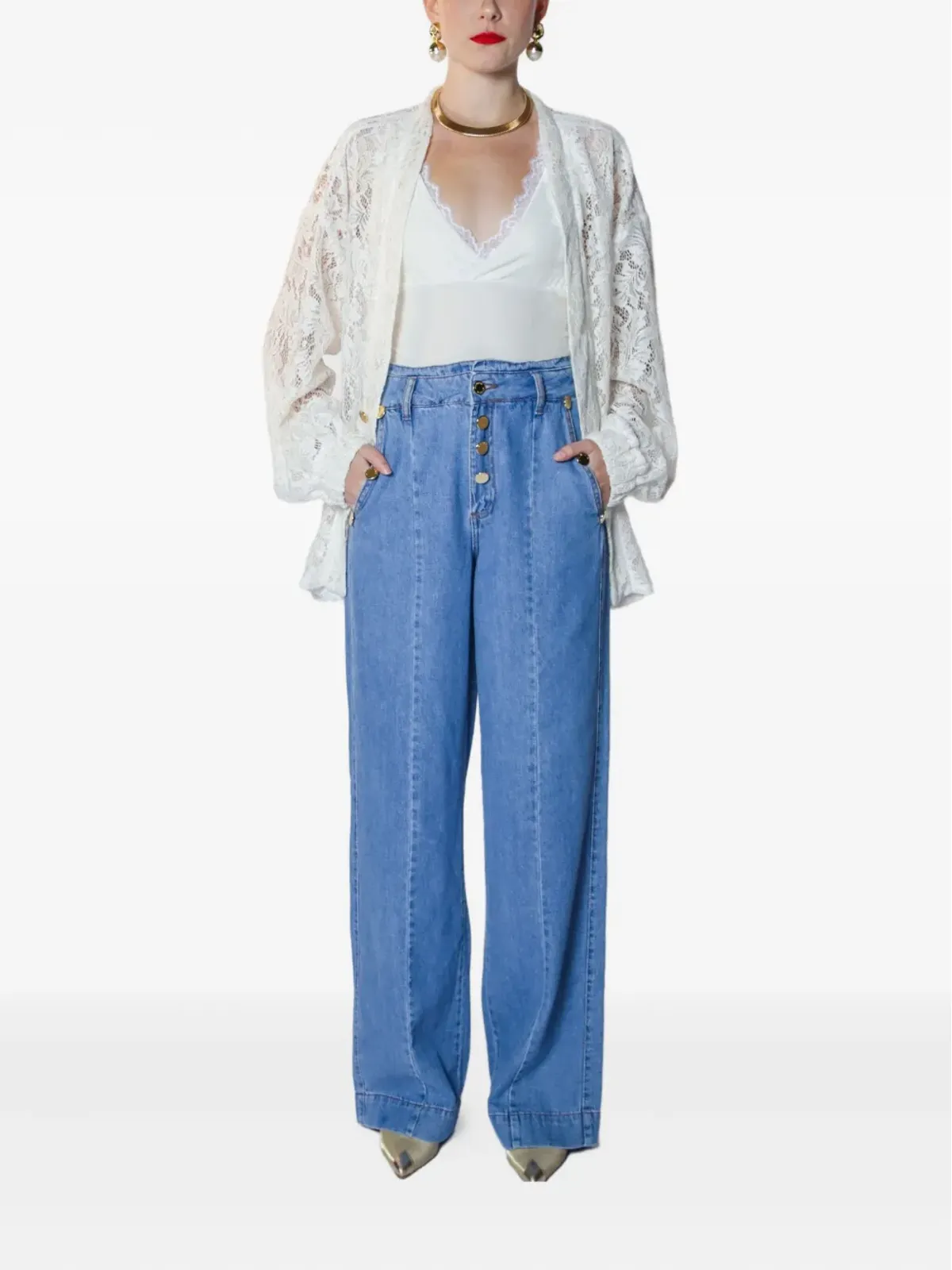 Lethicia Bronstein デニム ワイドジーンズ ボタンディテール - 画像2