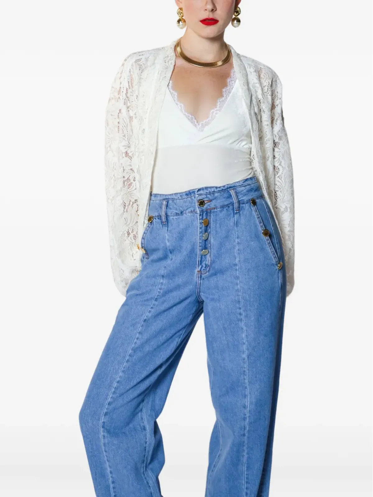 Lethicia Bronstein デニム ワイドジーンズ ボタンディテール - 画像3