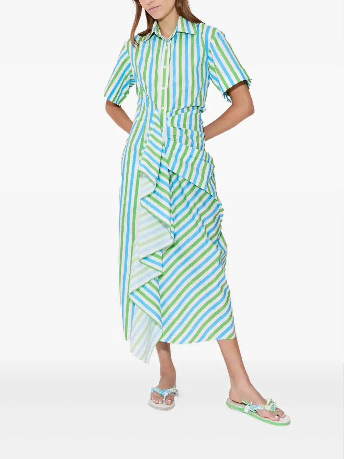 Rosie Assoulin gathered-ruffle striped midi shirt dress - Blue - 画像5