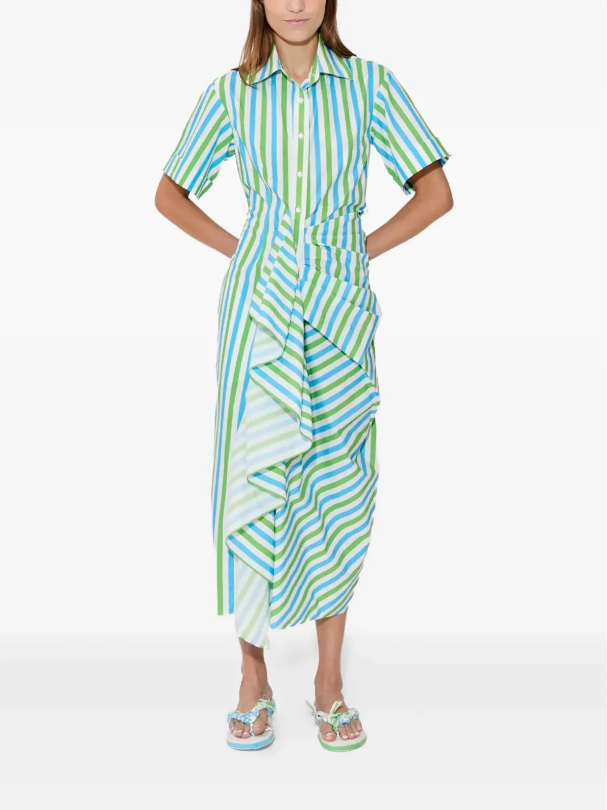 Rosie Assoulin gathered-ruffle striped midi shirt dress - Blue - 画像2