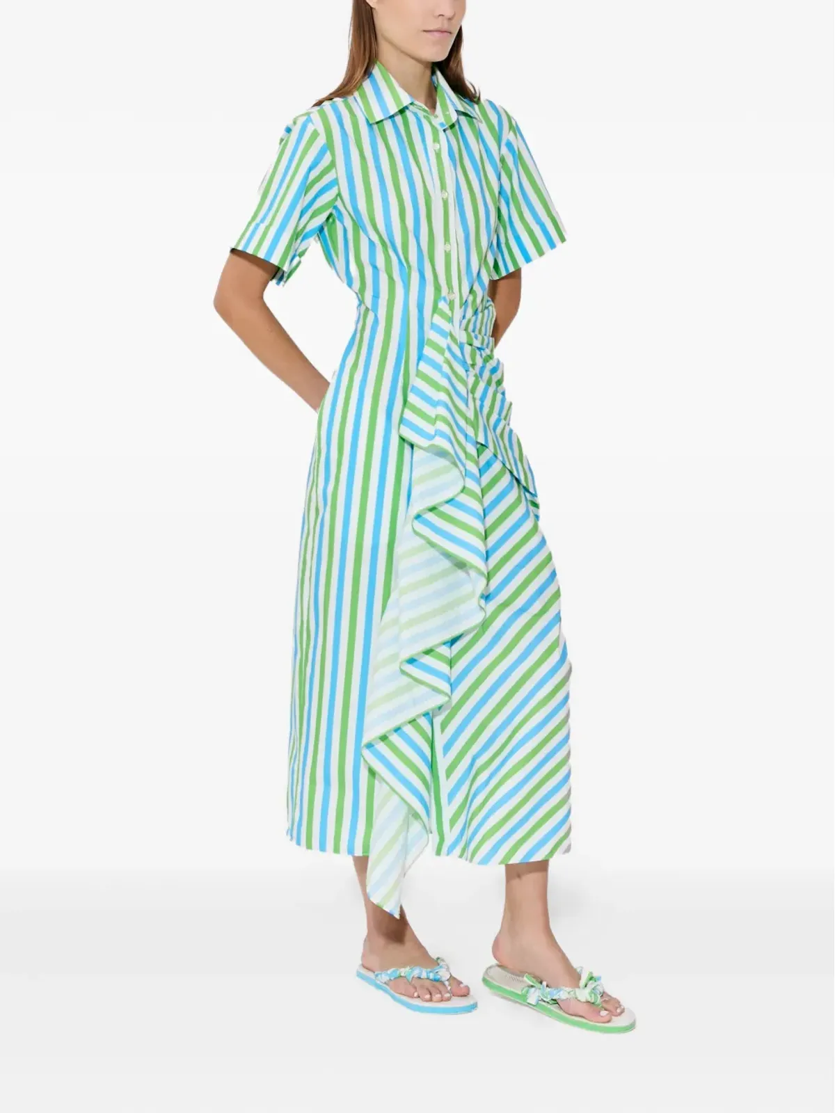 Rosie Assoulin gathered-ruffle striped midi shirt dress - Blue - 画像3