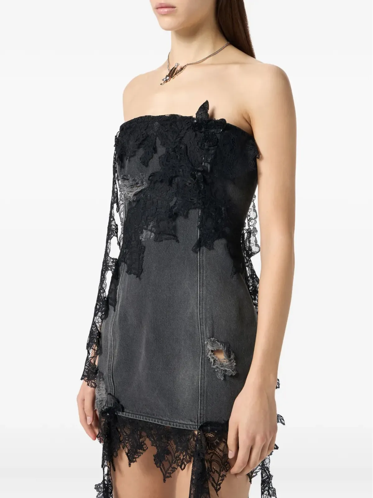 Blumarine ストラップレス レーストリム デニムドレス - 画像5