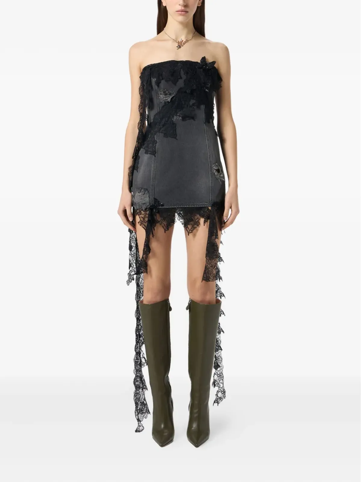 Blumarine ストラップレス レーストリム デニムドレス - 画像2