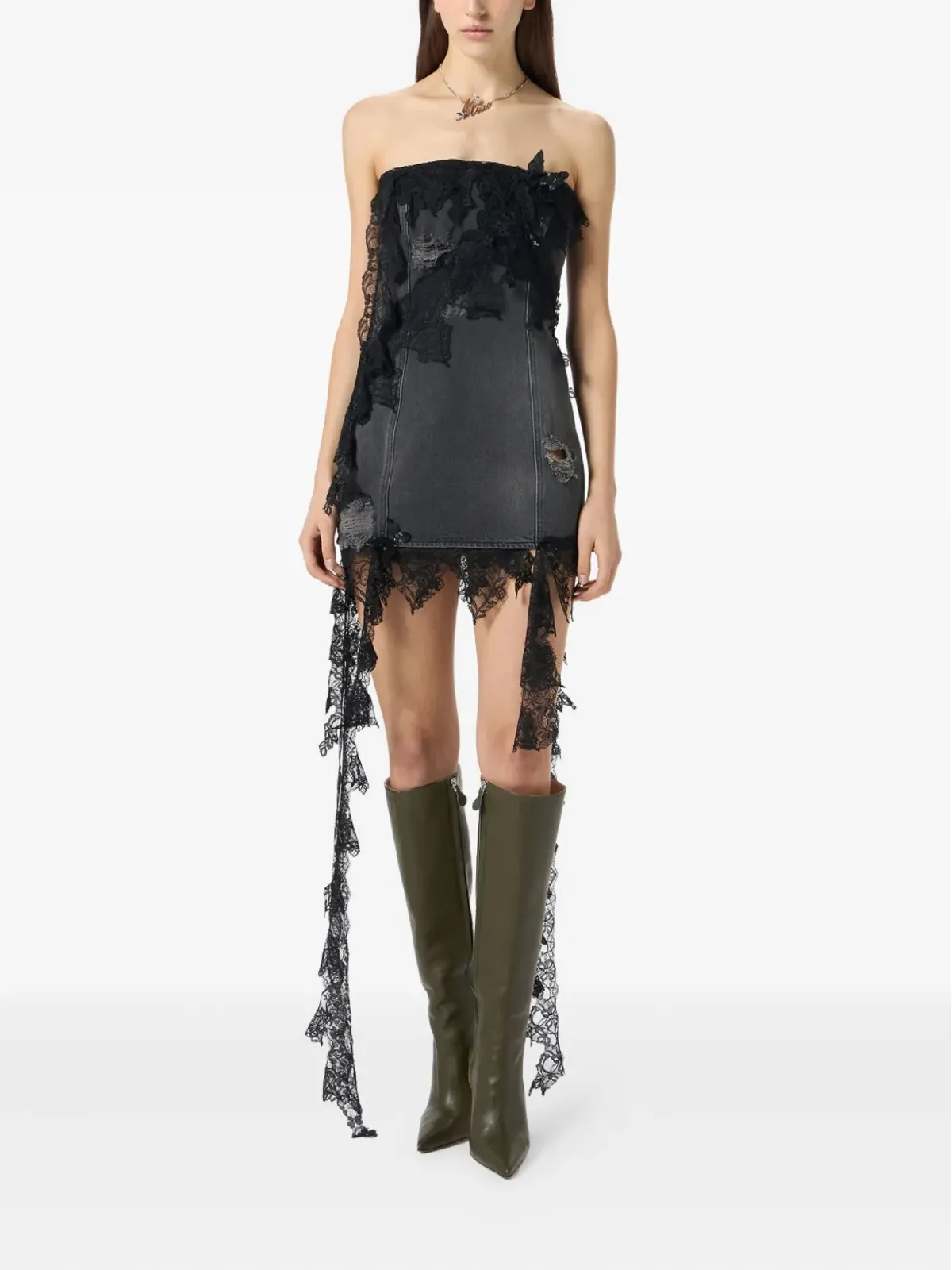 Blumarine ストラップレス レーストリム デニムドレス - 画像3