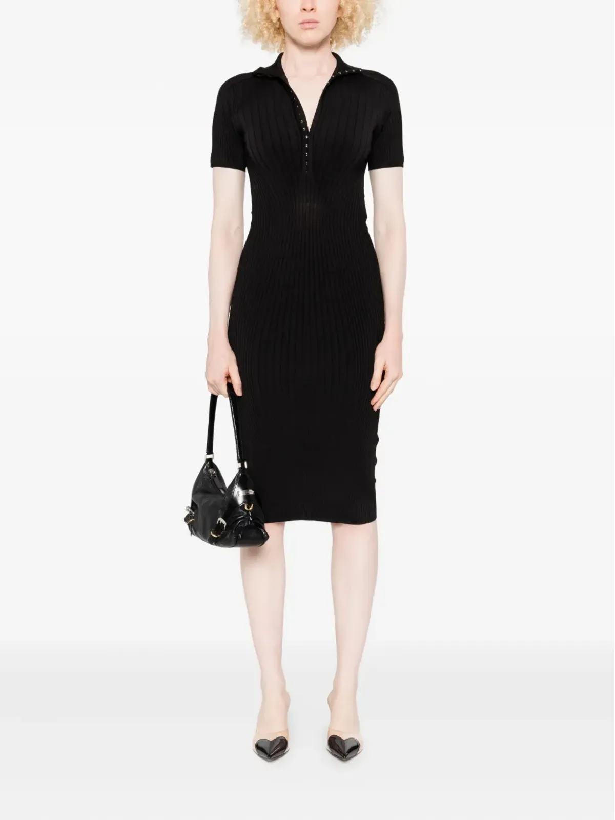 Mugler フック＆アイ リブニット ミディドレス ブラック - 画像2