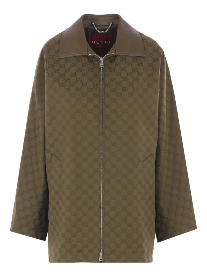 Gucci Gucci GGモノグラム レザー襟コート グリーンの商品画像