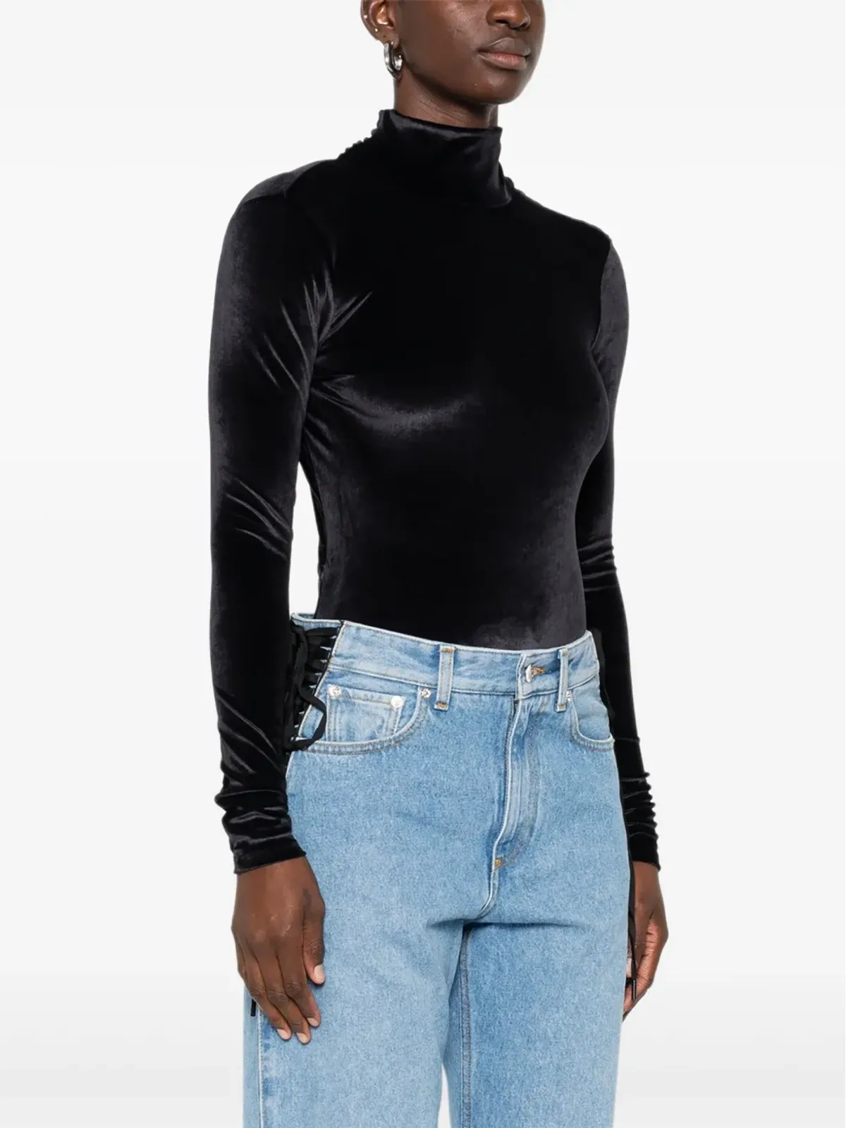 Mugler ハイネックベルベットボディスーツ - 画像3