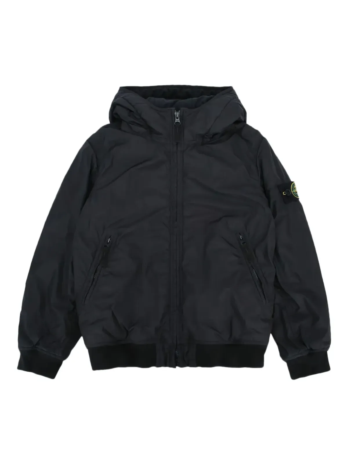 Stone Island Junior コンパスバッジ付きフード付きボンバー ジャケット（ブラック） - 画像1