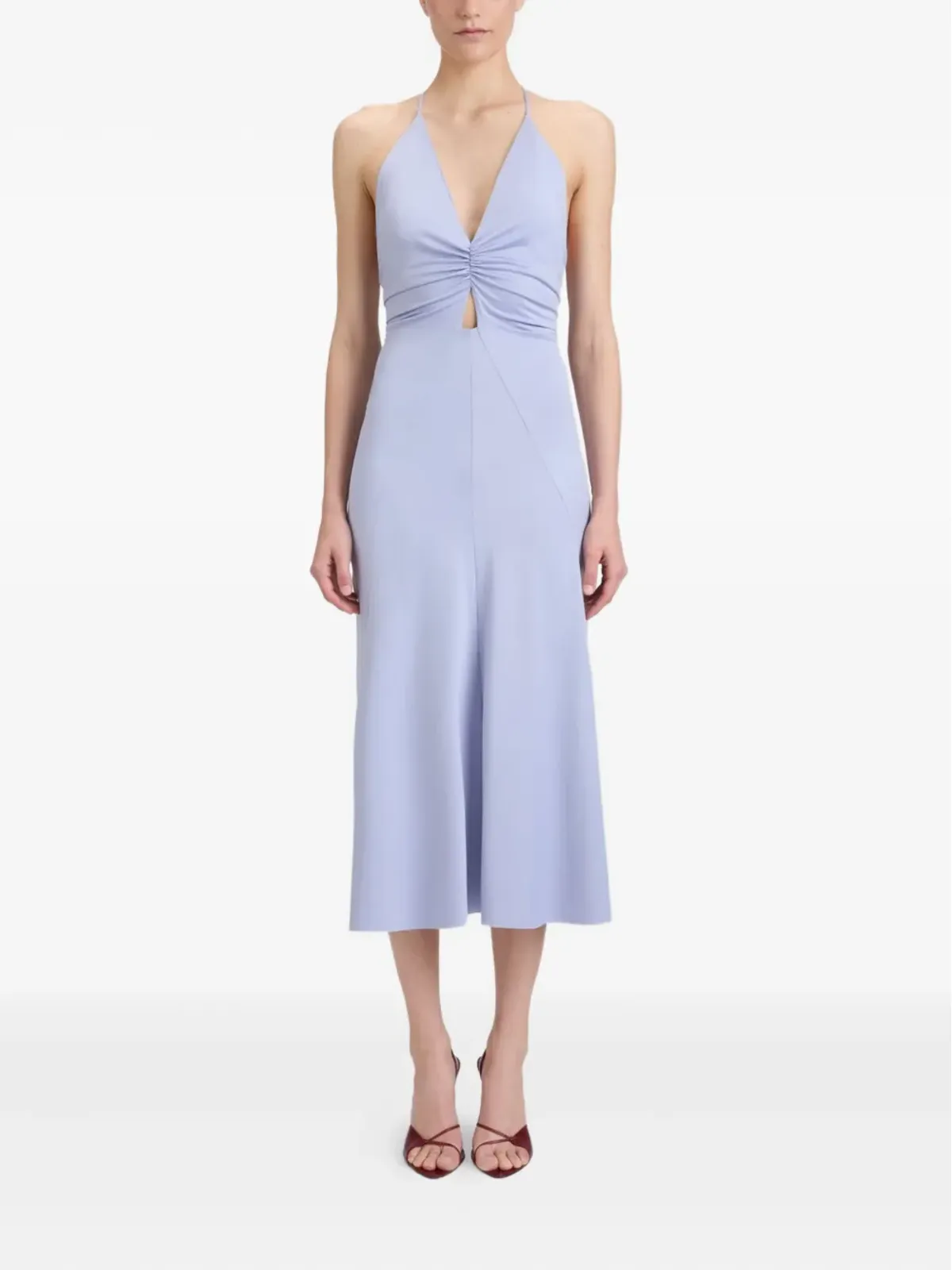Victoria Beckham Vネック・ルーシュ・ミディドレス（ブルー） - 画像2