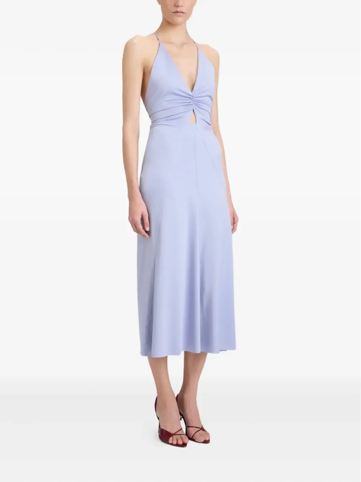 Victoria Beckham Vネック・ルーシュ・ミディドレス（ブルー） - 画像3