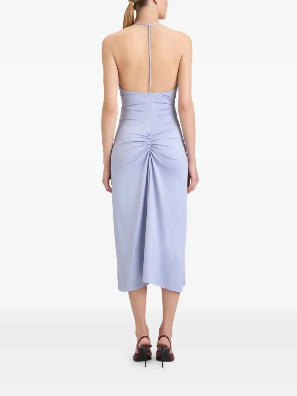 Victoria Beckham Vネック・ルーシュ・ミディドレス（ブルー） - 画像4