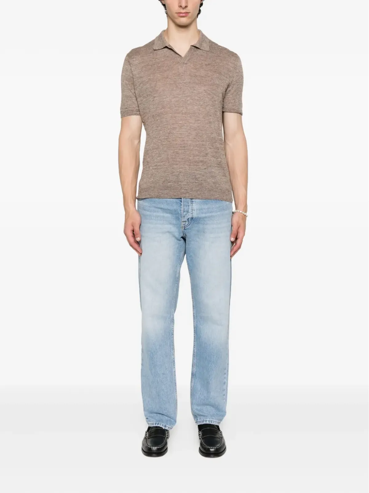 Gran Sasso ブラウン ポロネック リネン Tシャツ - 画像2