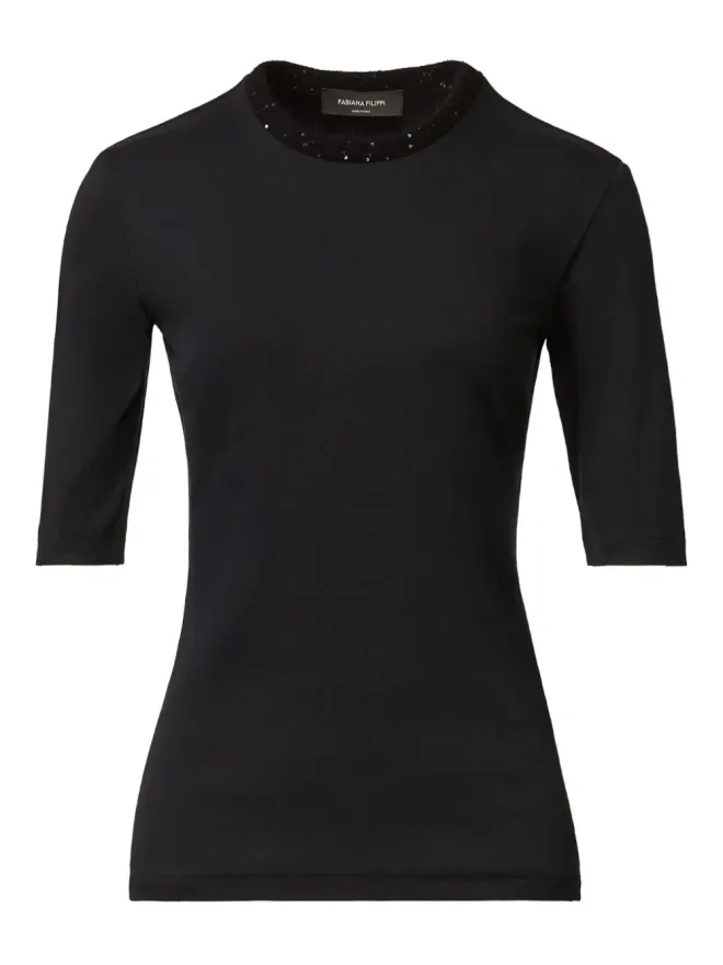 Fabiana Filippi Fabiana Filippi エンベリッシュドネックライン半袖トップス - Blueの商品画像