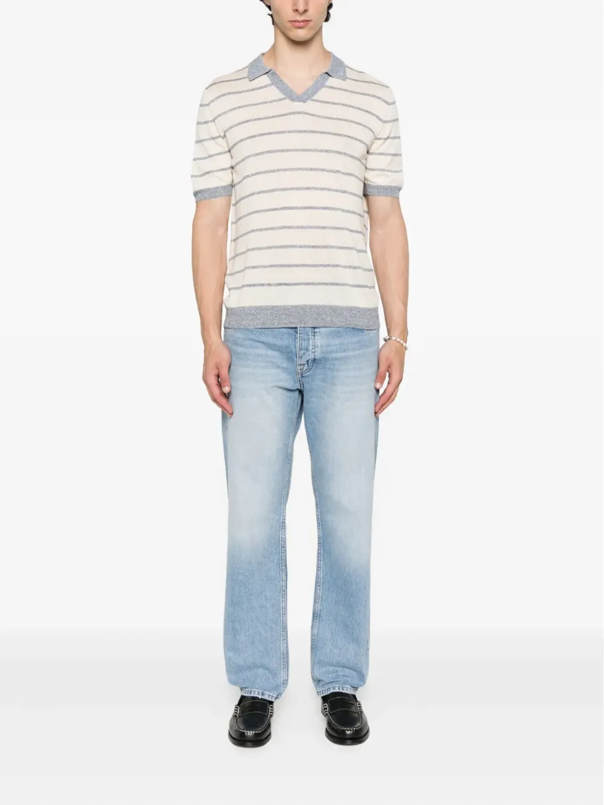 Gran Sasso ストライプVネックリネンTシャツ - 画像2