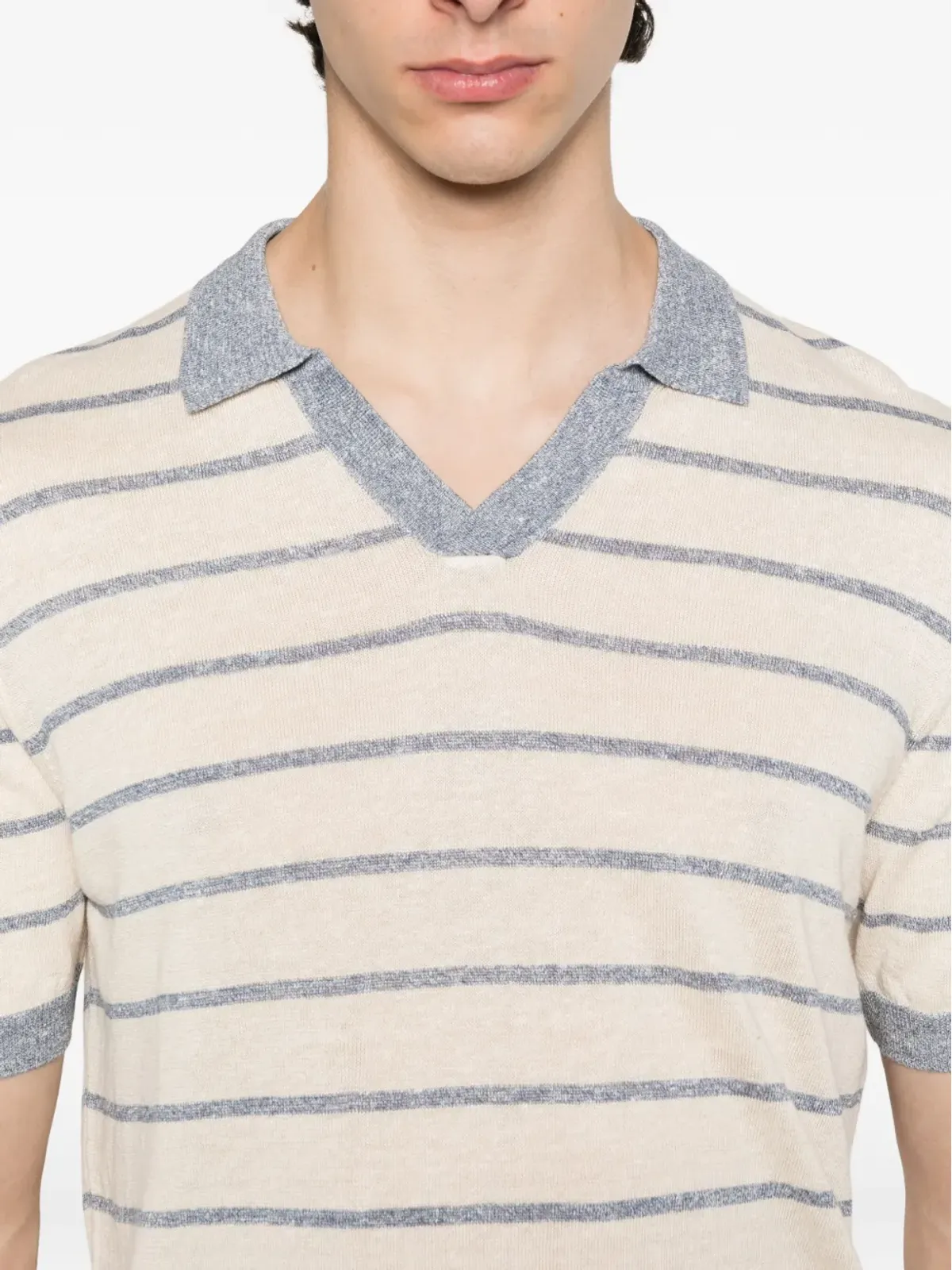 Gran Sasso ストライプVネックリネンTシャツ - 画像4
