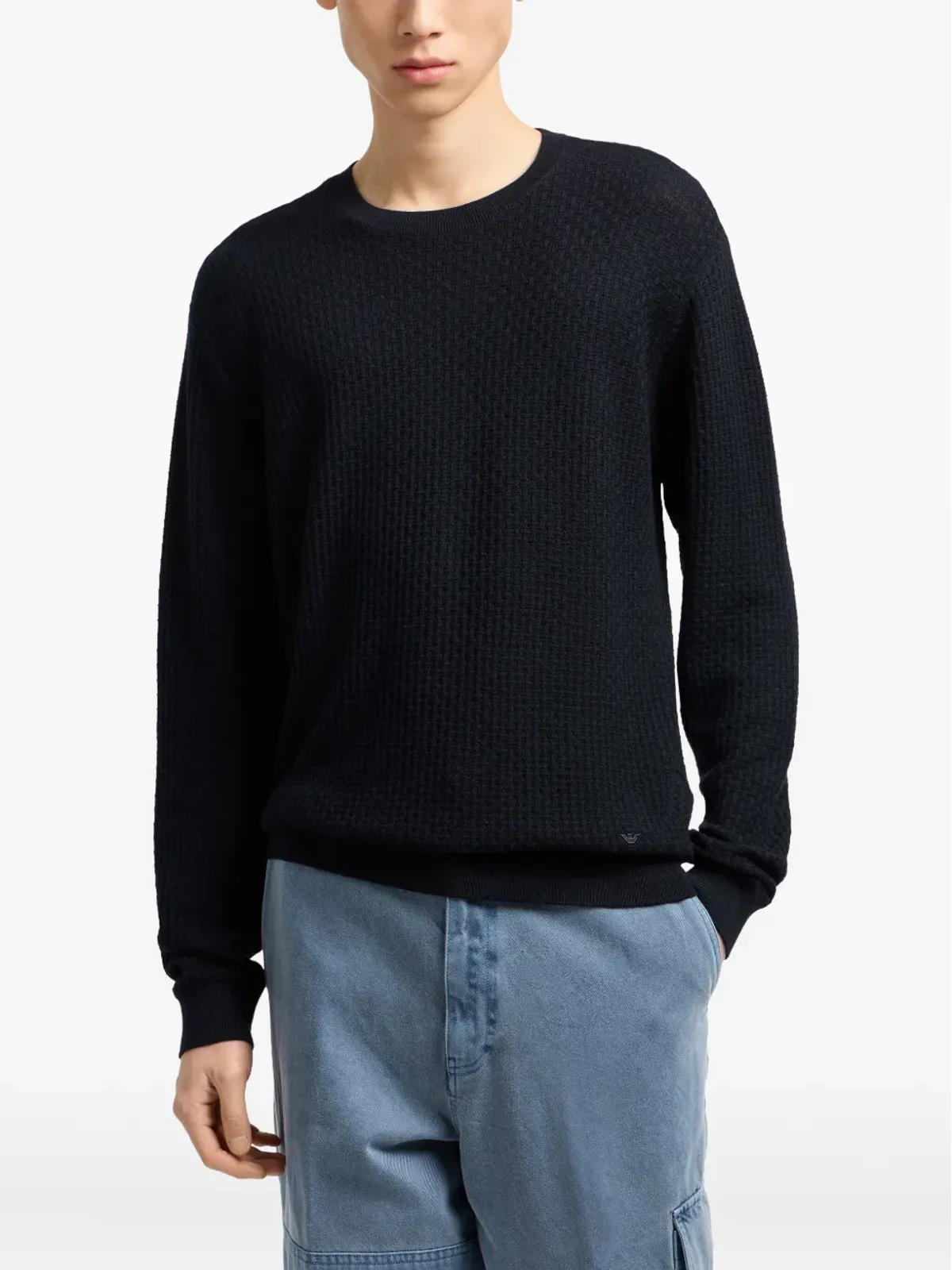 Emporio Armani ワッフル編みセーター ブルー - 画像3