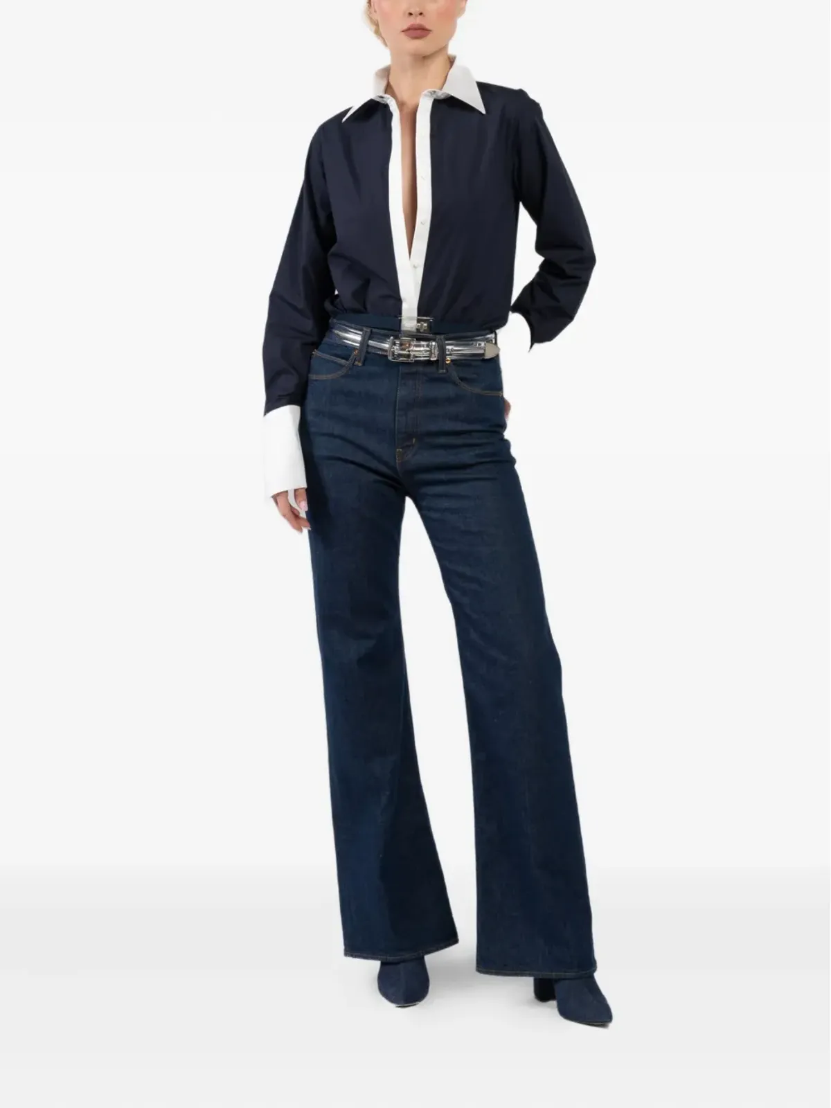 Brandon Maxwell Bradshaw コントラストカラー襟付き ポプリン×ニット ボディスーツ - 画像2