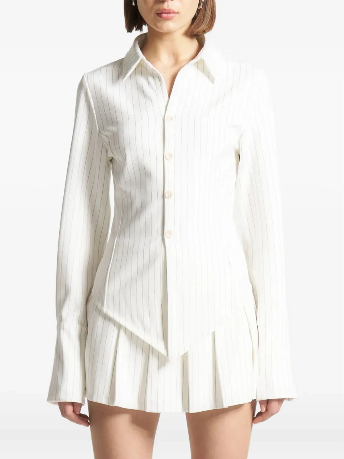 Maniére De Voir Sonia pinstripe angled-hem shirt - White - 画像1