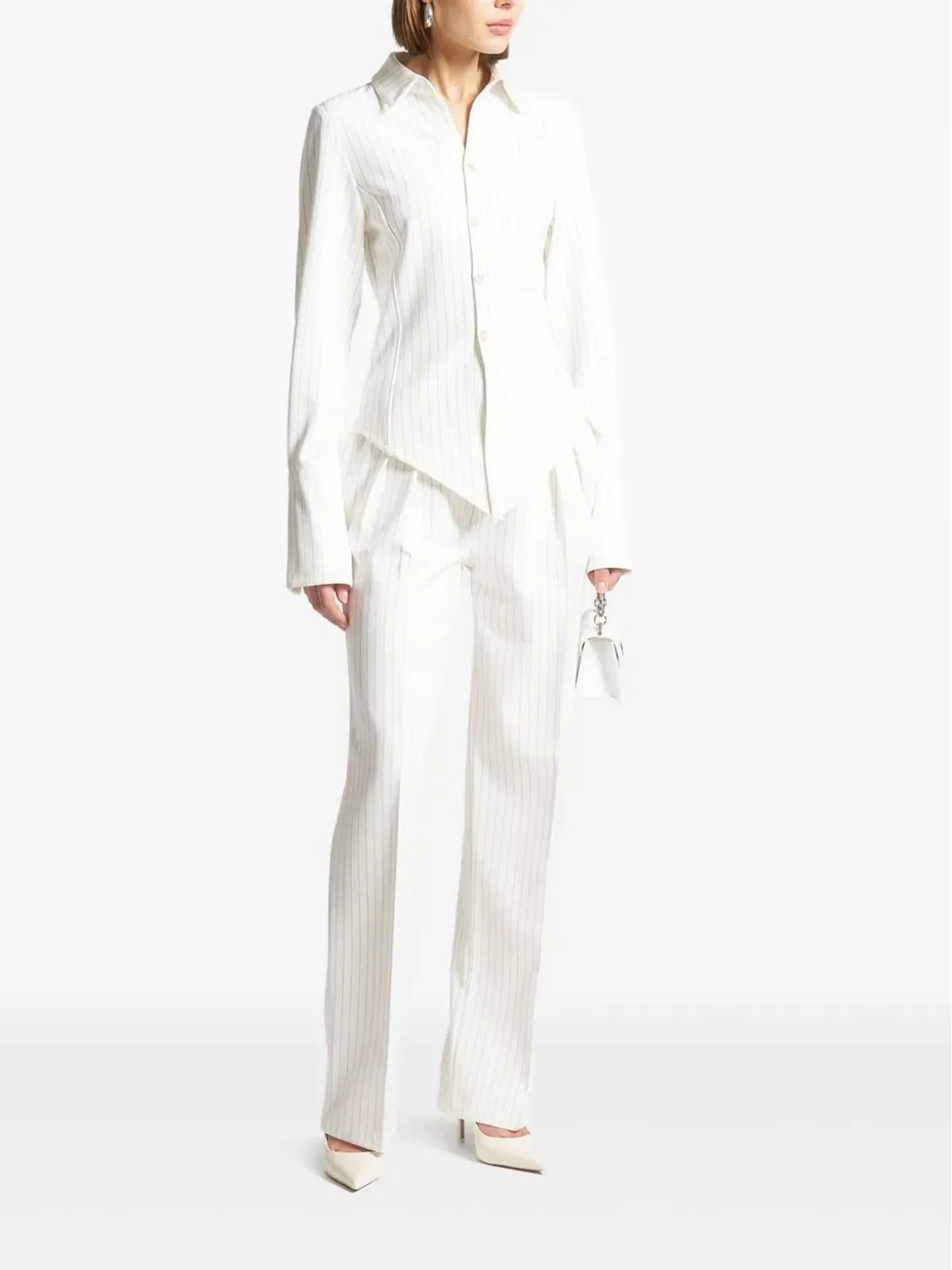 Maniére De Voir Sonia pinstripe angled-hem shirt - White - 画像3