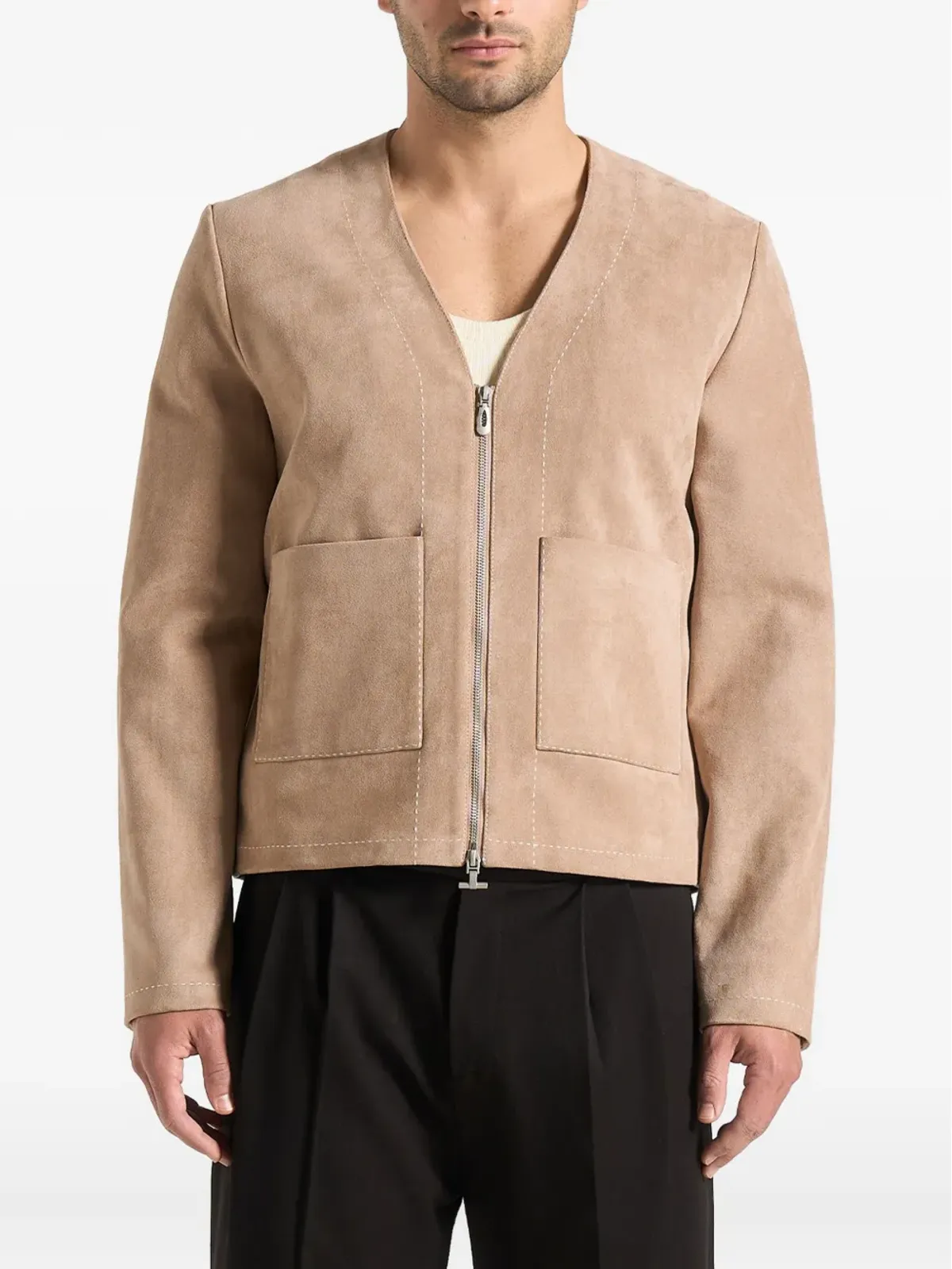 Manière De Voir Maxime コントラストステッチ ジップファスナー スエード風 ベージュ ジャケット - 画像1