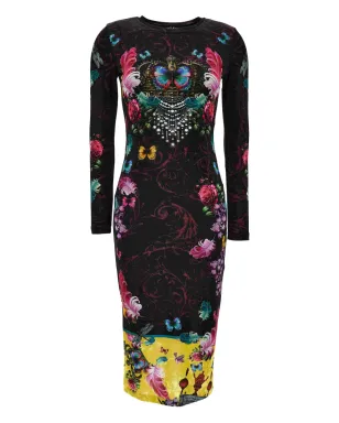 Versace Jeans Couture 花柄蝶プリント ミディドレス ブラック - サムネイル2