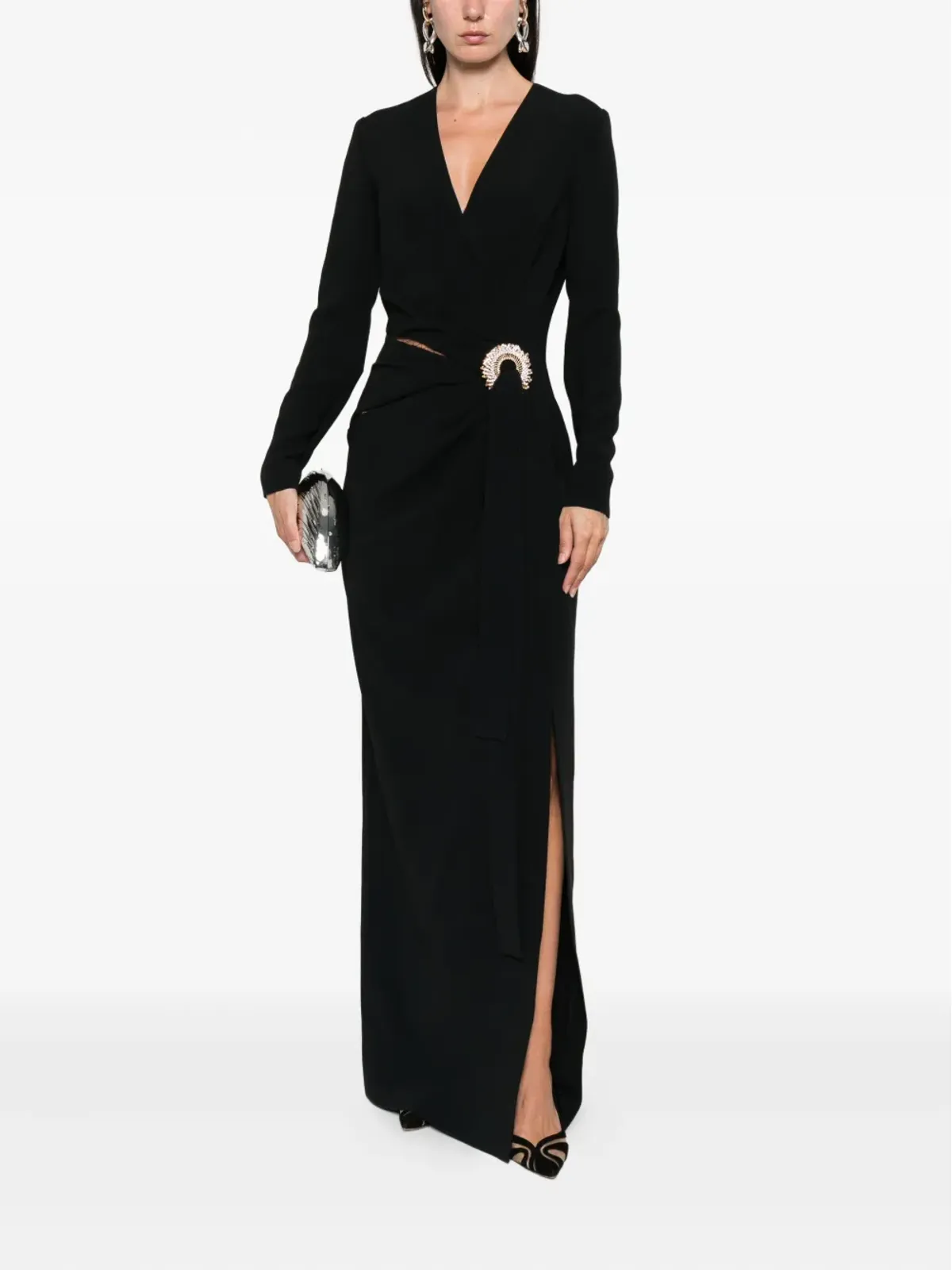 Elie Saab クリスタル装飾のラップマキシイブニングドレス - ブラック - 画像2