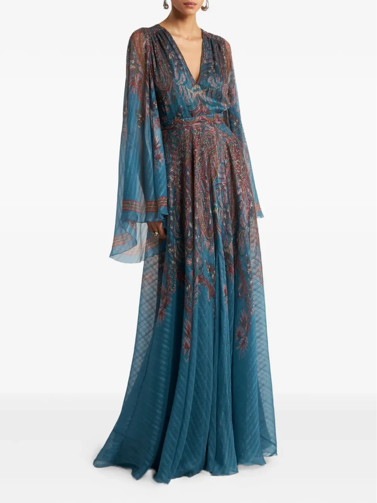 ETRO ペイズリープリントベルスリーブマキシドレス ブルー - 画像2
