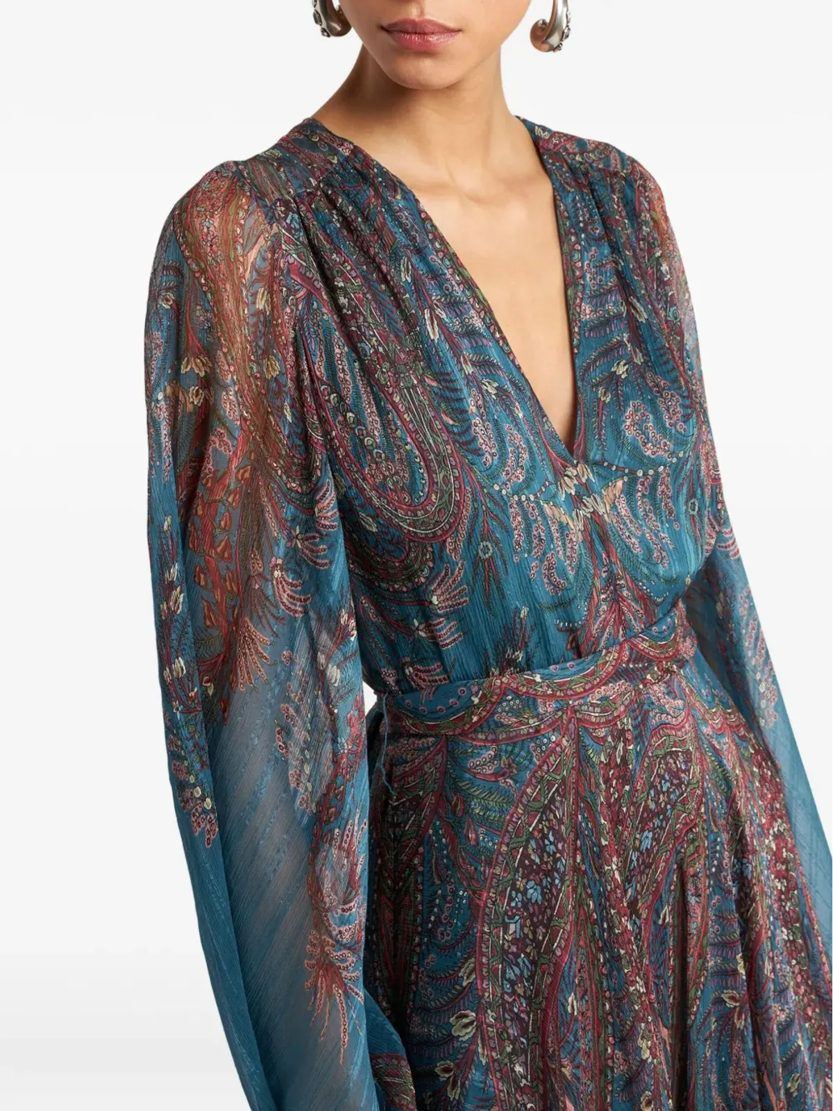 ETRO ペイズリープリントベルスリーブマキシドレス ブルー - 画像4
