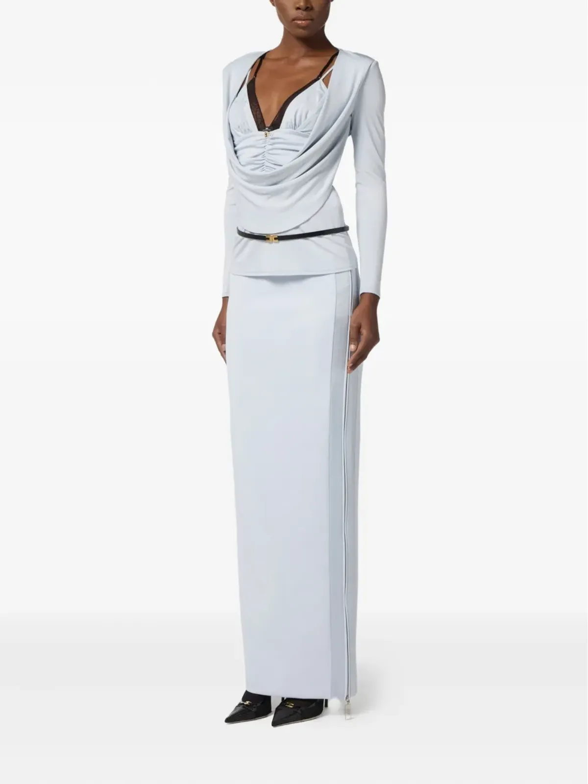 Elisabetta Franchi ハイウエストサイドジップマキシスカート - 画像2