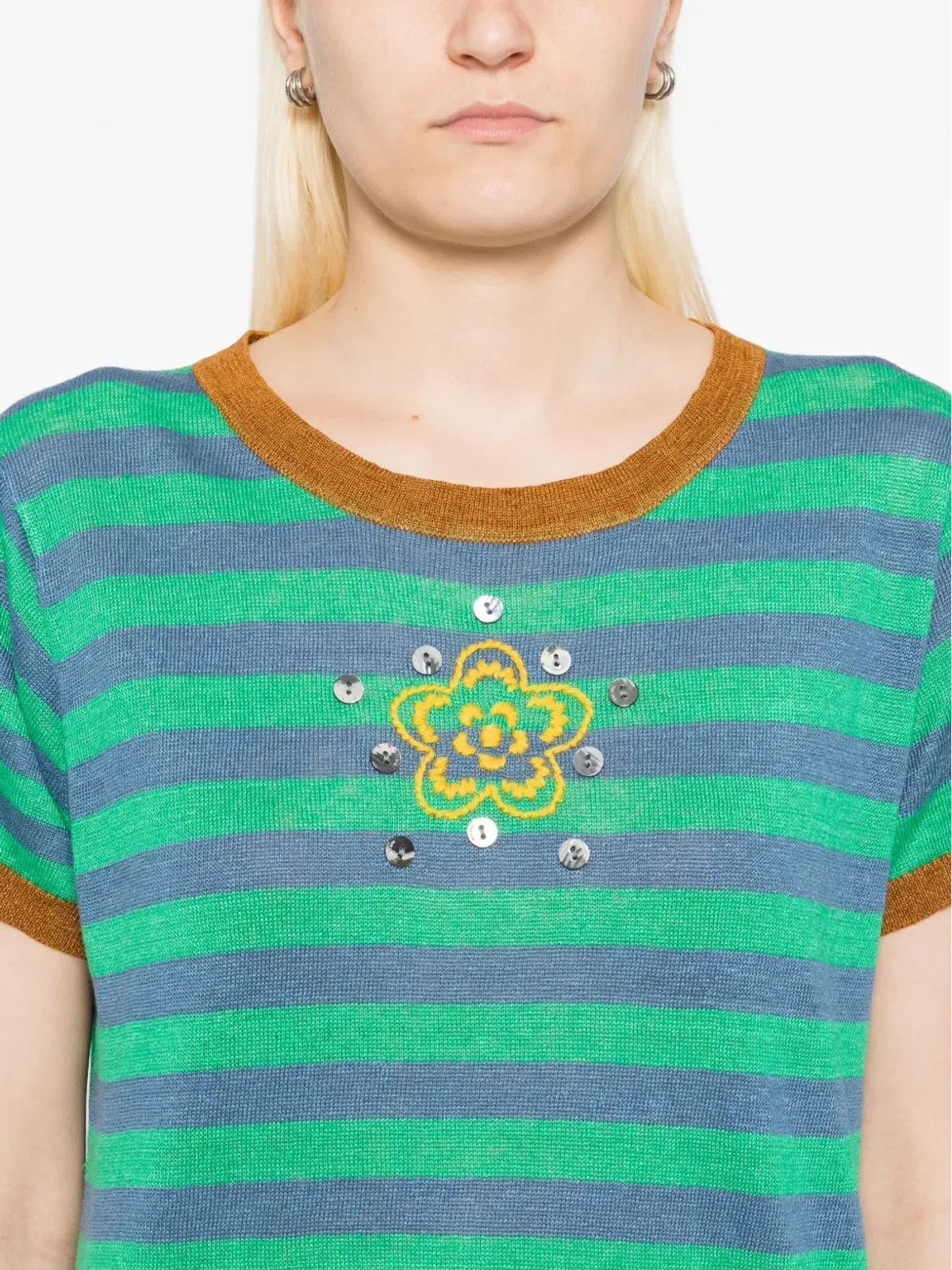YANYAN KNITS リネンストライプTシャツ（グリーン） - 画像5